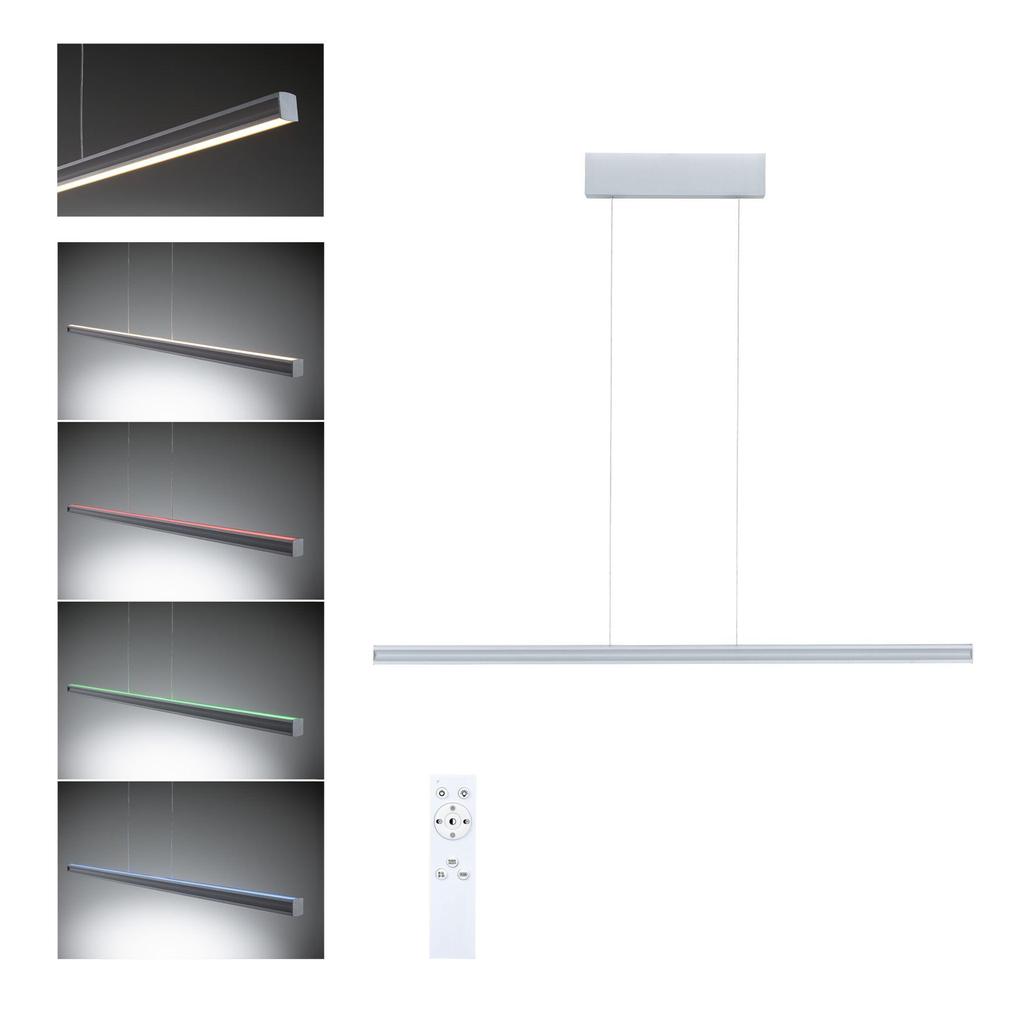 Eine moderne LED-Pendelleuchte mit Fernbedienung. Das Licht hat verschiedene Farboptionen. Der Hintergrund ist weiß und grau.