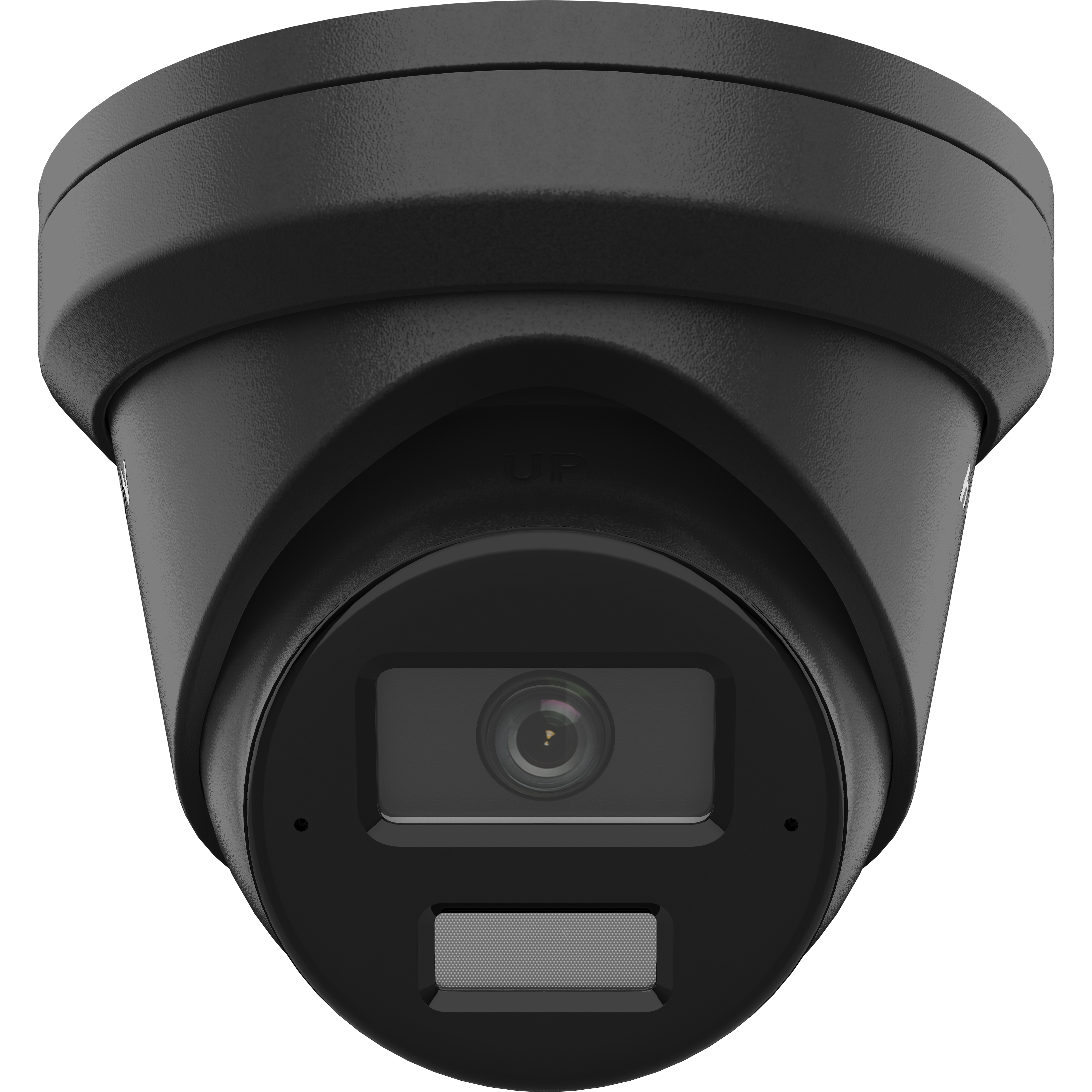 Czarna kamera bezpieczeństwa, w kształcie kopuły, z obiektywem i głośnikiem. Górna część jest zaokrąglona.