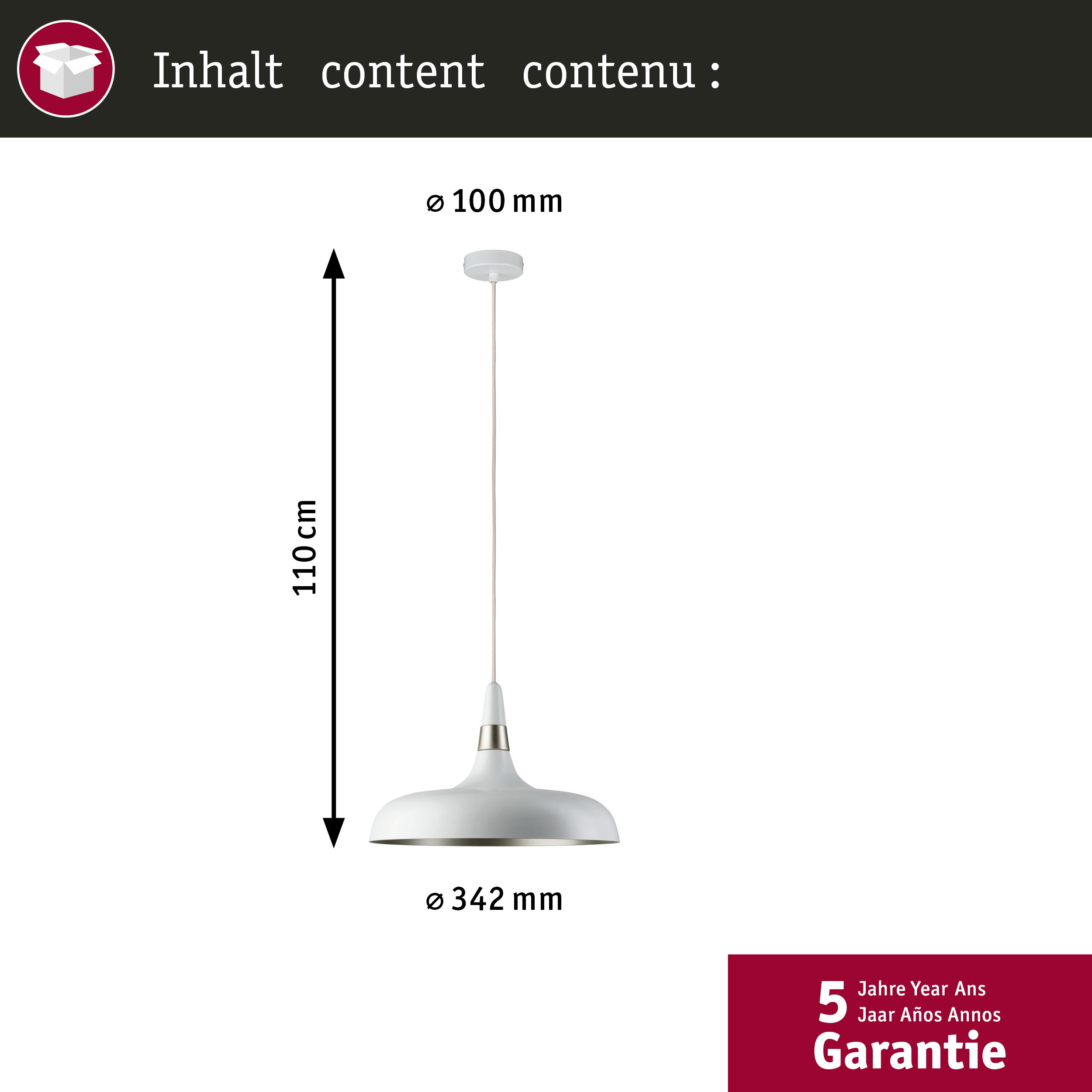 Suspension blanche avec dimensions indiquées. Le texte en haut dit contenu. Une garantie de 5 ans est affichée en bas.