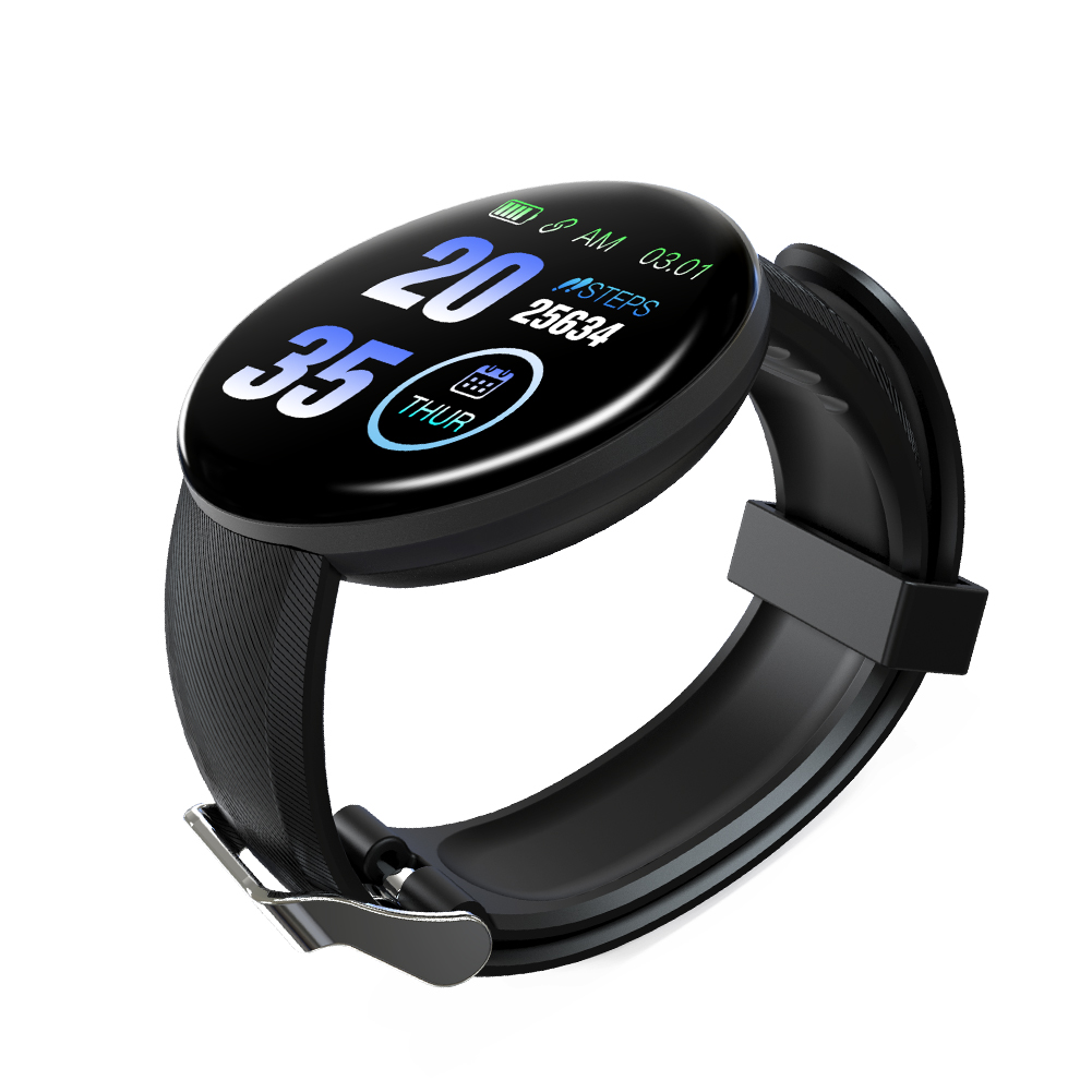 Eine schwarze Smartwatch mit digitaler Anzeige, die Zeit, Schritte und Datum anzeigt. Die Uhr hat ein schwarzes Armband und einen Metallverschluss.
