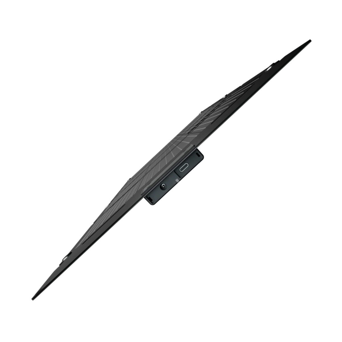 Czarny laptop, widok z góry i pod kątem. Ekran jest otwarty, pokazując wzór siatki. Widoczny jest port.