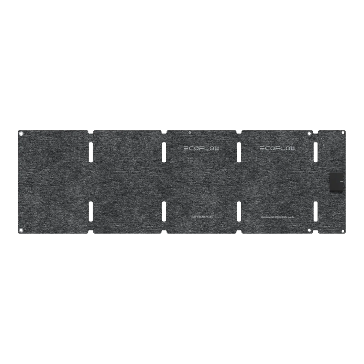 Prostokątny, ciemnoszary panel słoneczny z wycięciami. Widoczne logo ECOFLOW. Tekst brzmi: PANEL SŁONECZNY 45 W i monokrystaliczne ogniwa krzemowe w środku.