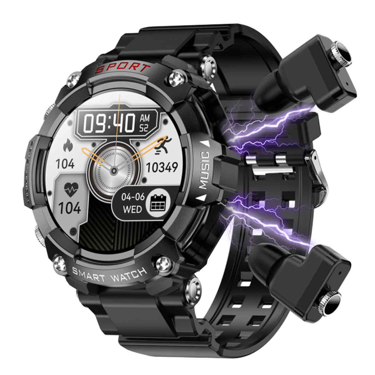 Schwarze Smartwatch mit Kopfhörern. Anzeige zeigt Zeit, Datum und Schritte. Blitze verbinden Uhr und Kopfhörer.