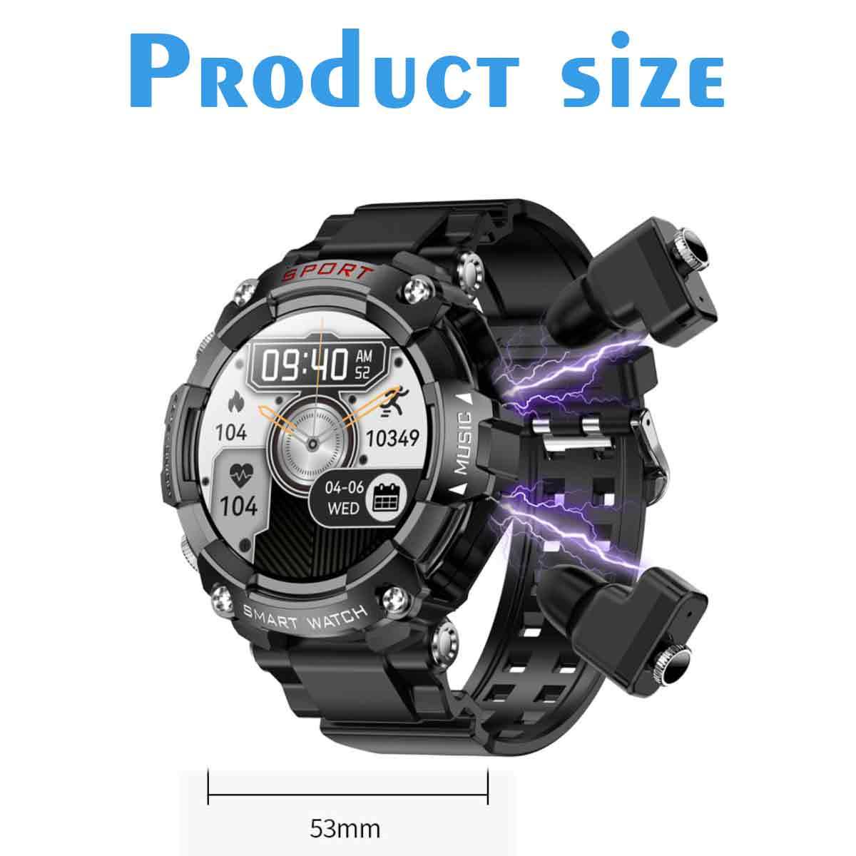 Schwarze Smartwatch mit Ohrhörern, Anzeige von Uhrzeit und Statistiken. Text Produktgröße, 53 mm, auf weißem Hintergrund.