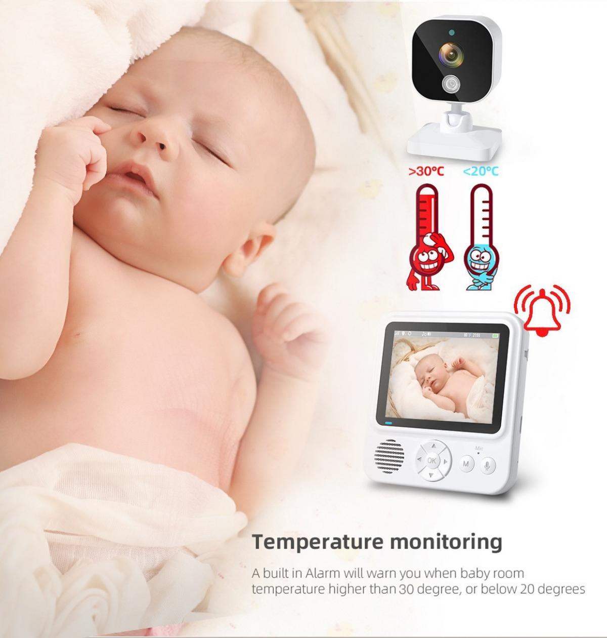 Ein schlafendes Baby neben einem Babyphone. Es zeigt die Temperaturüberwachung mit einer Kamera und zwei Thermometern.