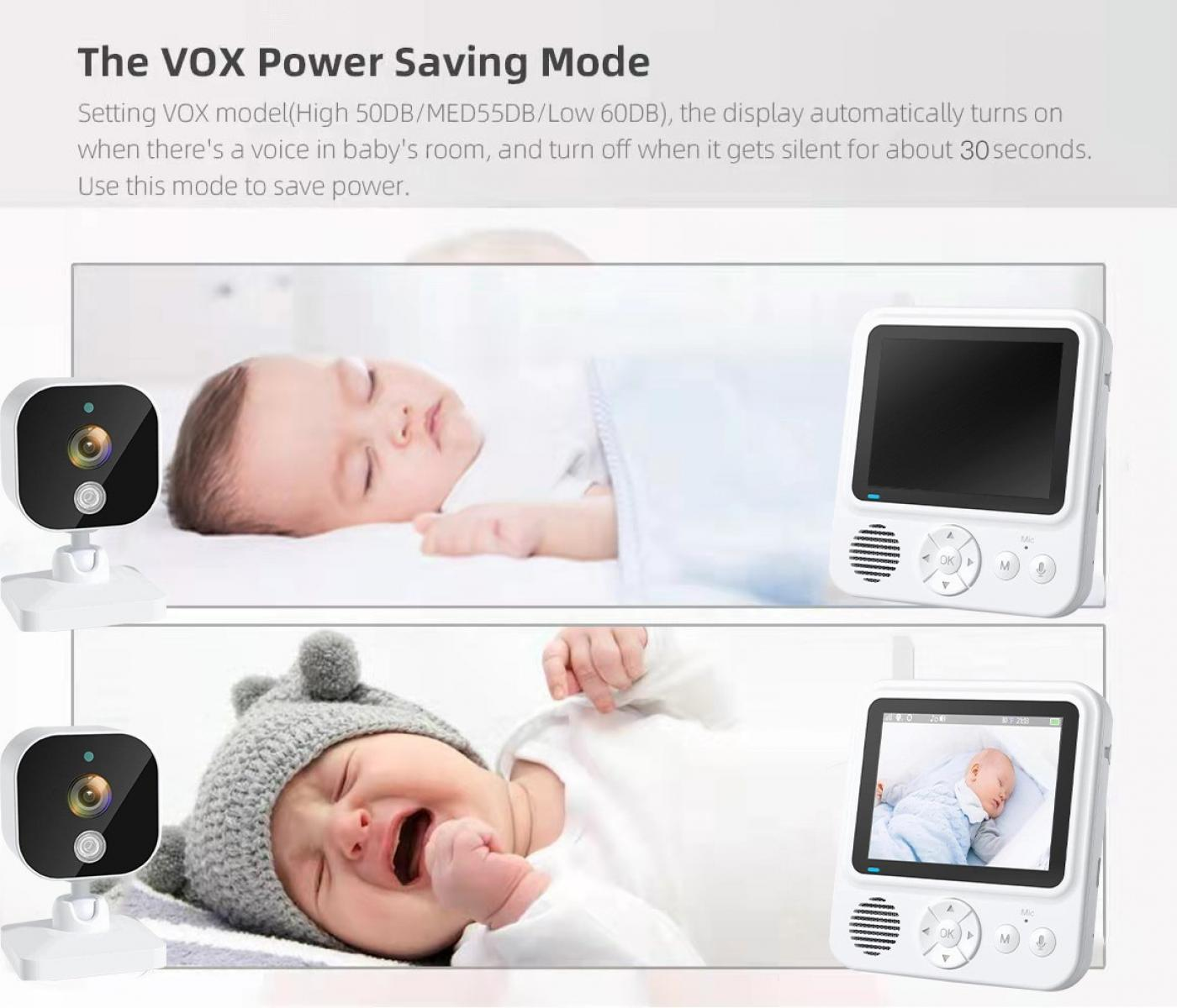 Das Bild zeigt einen Babyphone, ein schlafendes Baby und ein weinendes Baby. Der Monitor zeigt das Baby an. Eine Kamera ist ebenfalls sichtbar.