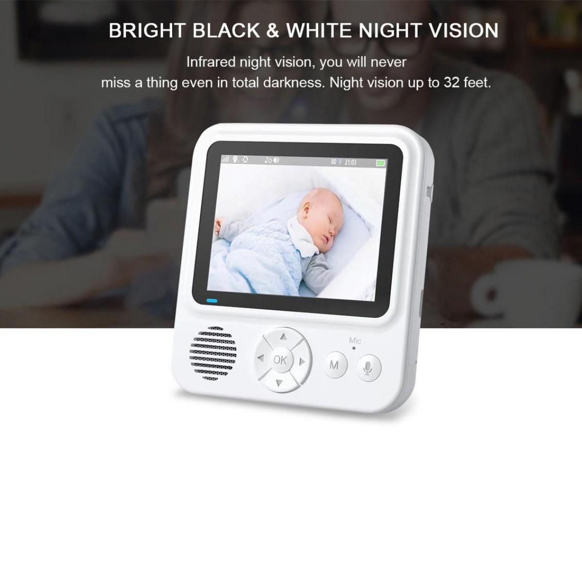 Ein weißer Babyphone-Monitor zeigt ein schlafendes Baby. Knöpfe und ein Lautsprecher sind am Monitor. Text oben sagt 'Nachtsicht'.