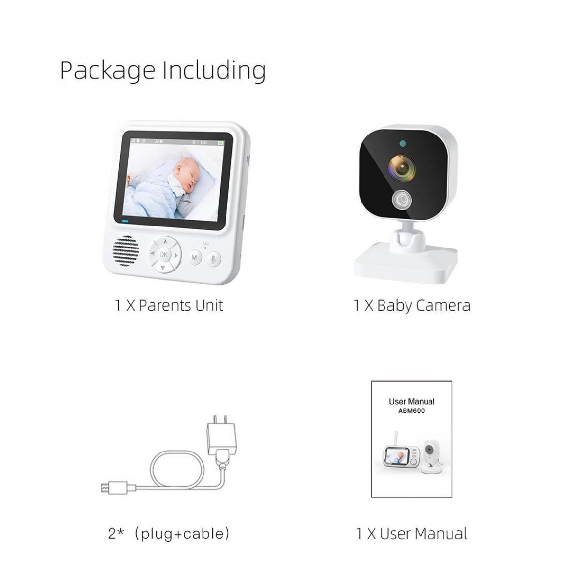 Das Bild zeigt Komponenten eines Babyphones: Elterneinheit, Babykamera, Stecker und Bedienungsanleitung. Der Monitor zeigt ein Baby.