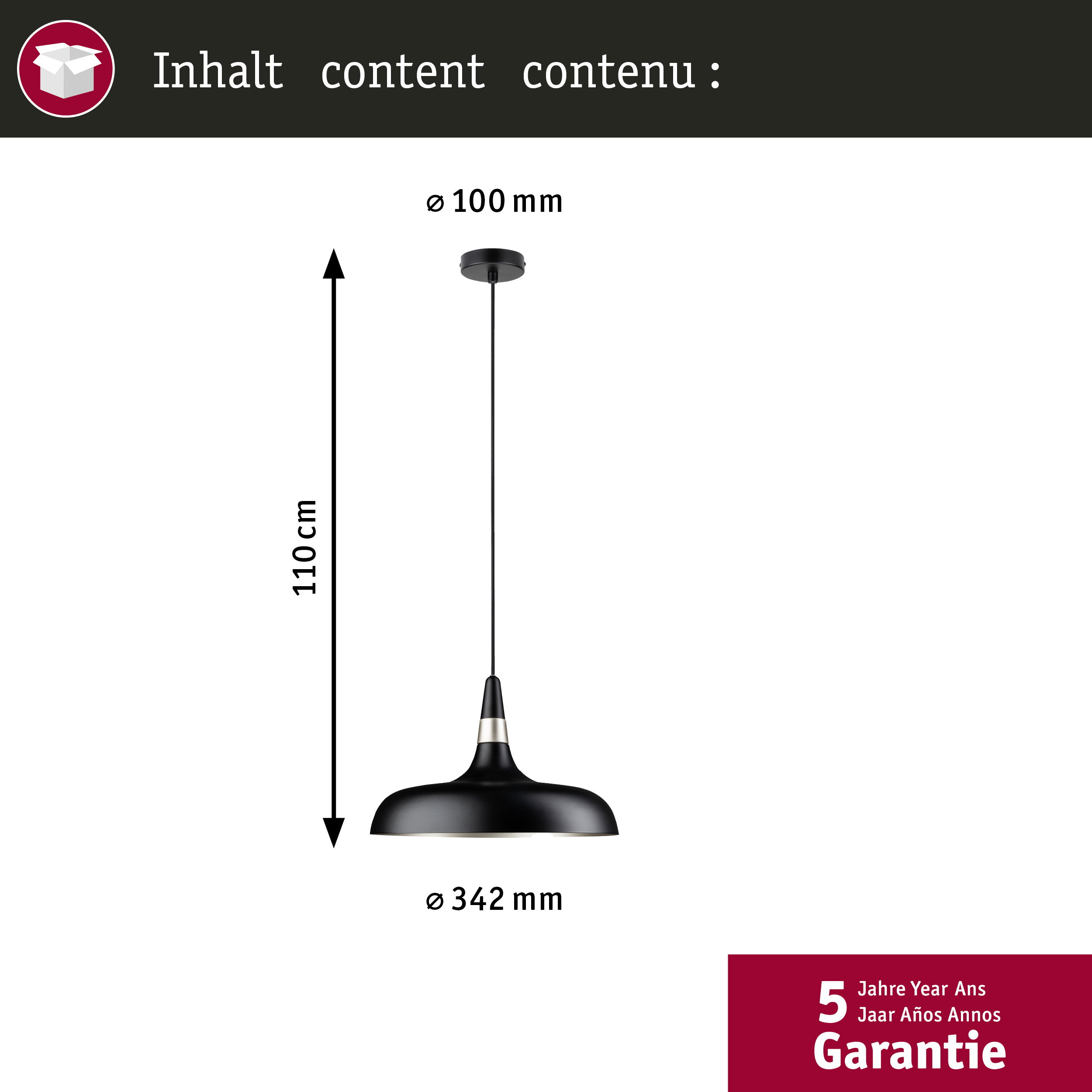 Suspension noire avec accent argenté, dimensions indiquées. Fond blanc. Le texte en haut dit 'Inhalt content contenu'.