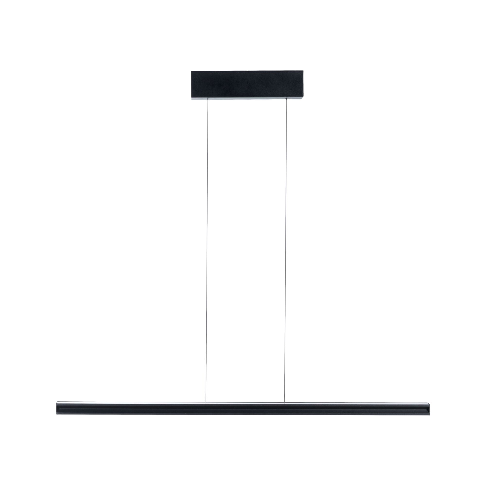 Eine elegante, schwarze, rechteckige Leuchte hängt an zwei dünnen Drähten vor weißem Hintergrund. Die Leuchte ist minimalistisch.