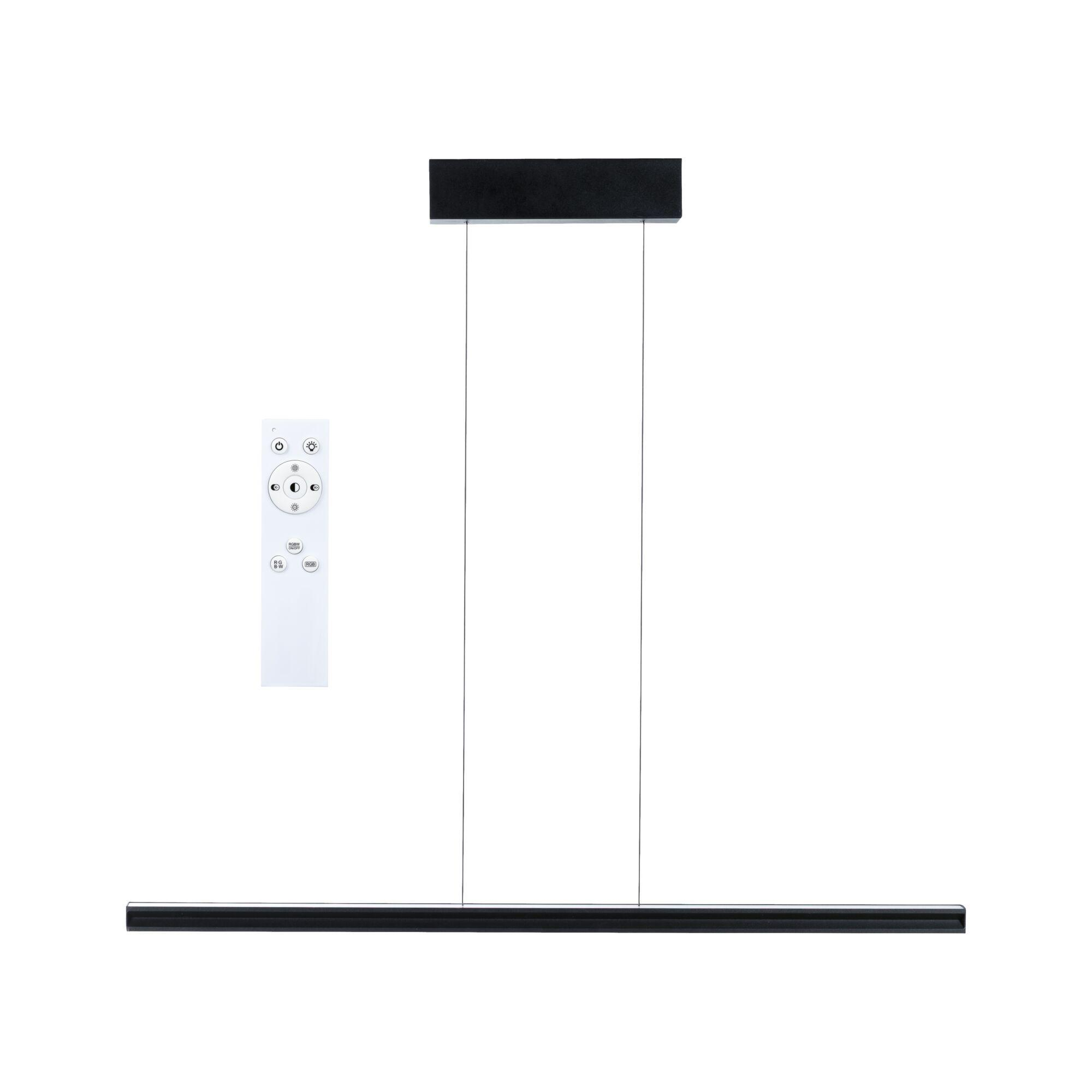 Czarny, prostokątny element oświetleniowy zawieszony na drutach, z pilotem po lewej stronie. Tło jest białe.