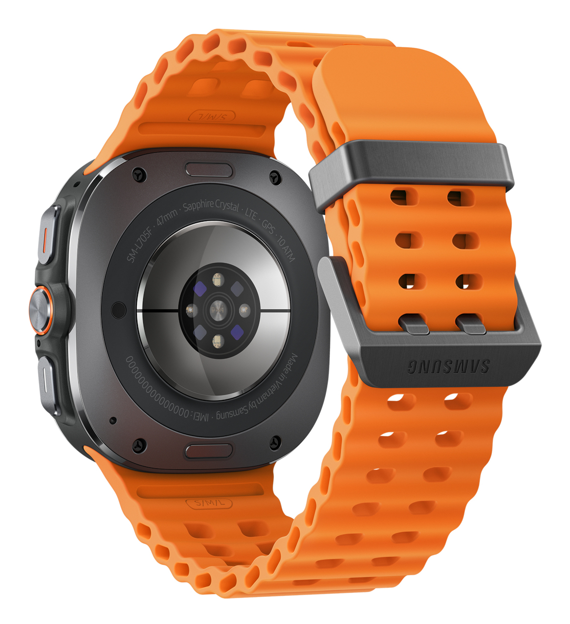 Pomarańczowy smartwatch Samsung z czarną ramką i zapięciem paska. Szczegóły obejmują informacje o modelu i oznaczenia rozmiaru paska.