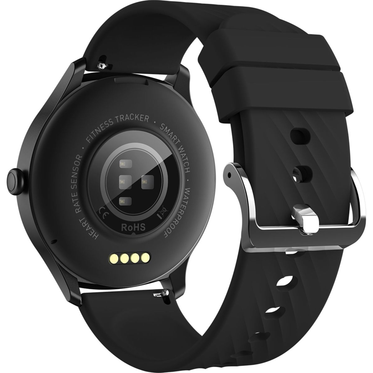Schwarze Smartwatch mit Herzfrequenzsensor und Fitnesstracker. Die Uhr hat ein schwarzes Armband und eine silberne Schließe.