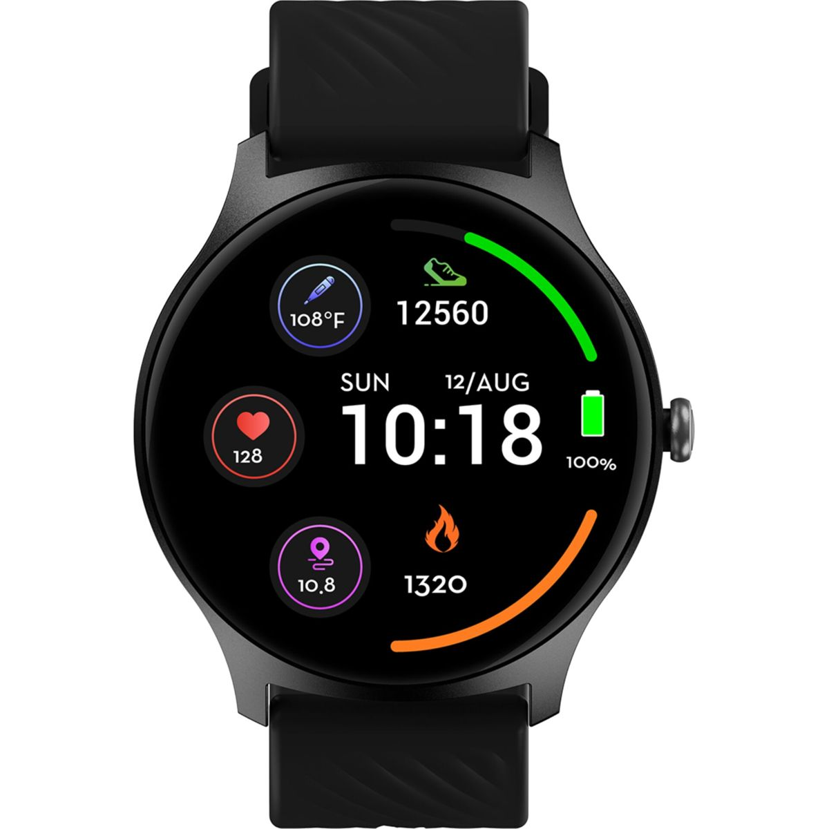 Eine schwarze Smartwatch zeigt Zeit, Gesundheitsdaten und Akkulaufzeit an. Sie zeigt 10:18, 128 Herzfrequenz, Schritte, Temperatur und Datum.