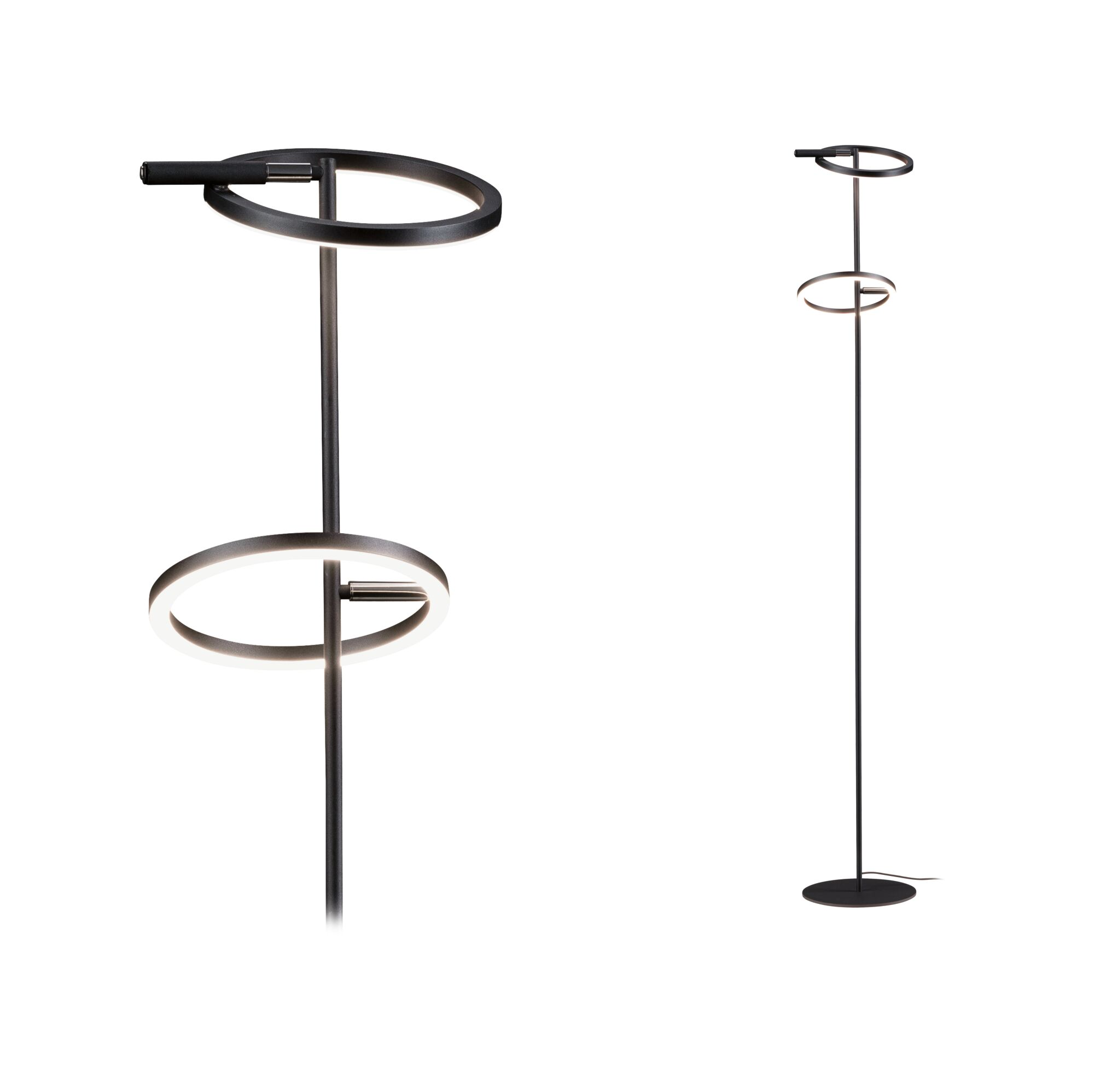 Eine moderne schwarze Stehlampe mit zwei kreisförmigen Leuchten. Die Lampe hat einen geraden Pfosten und einen runden Sockel.