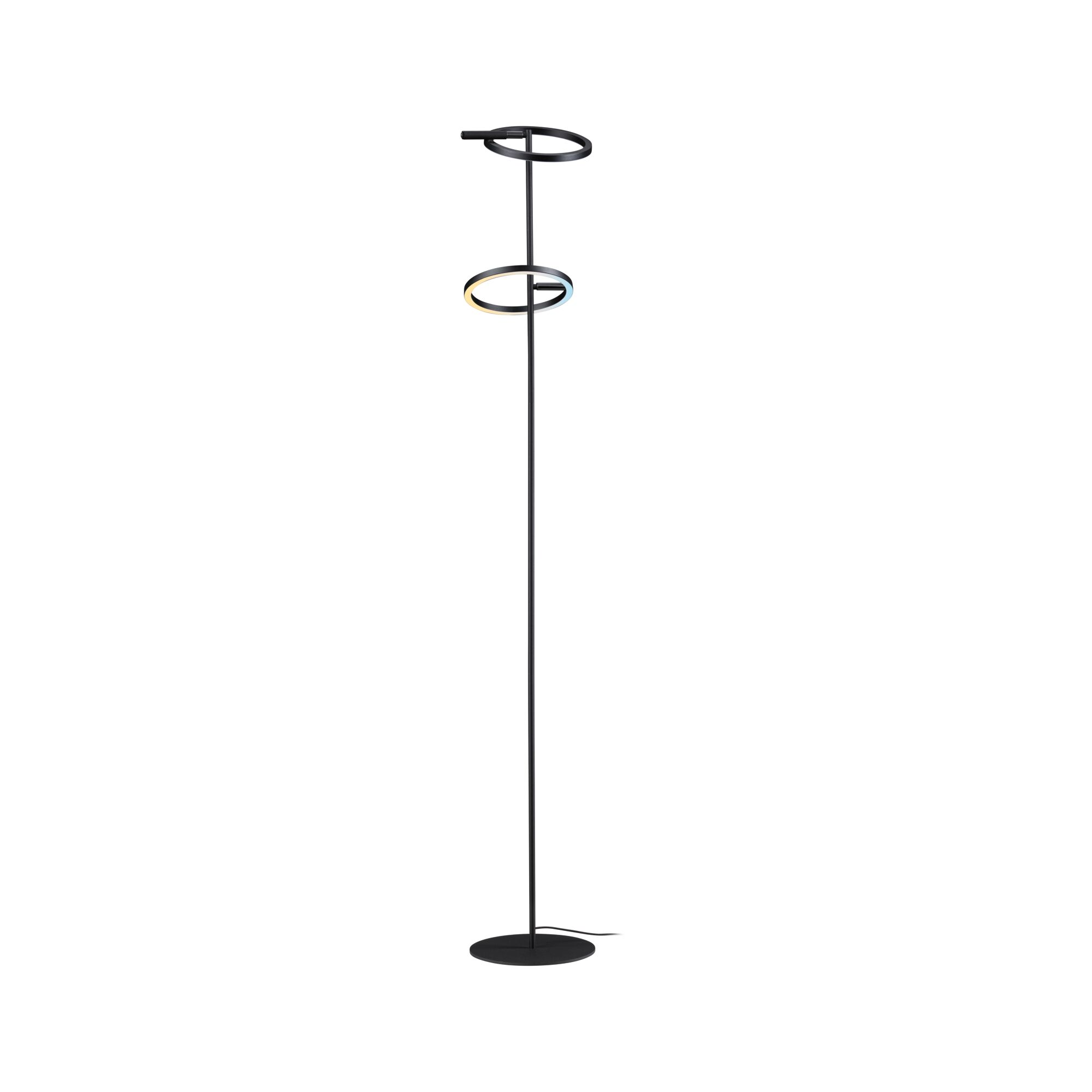 Eine schwarze Stehlampe mit zwei beleuchteten Ringen, einem dünnen Stab und einem runden Sockel, vor weißem Hintergrund.