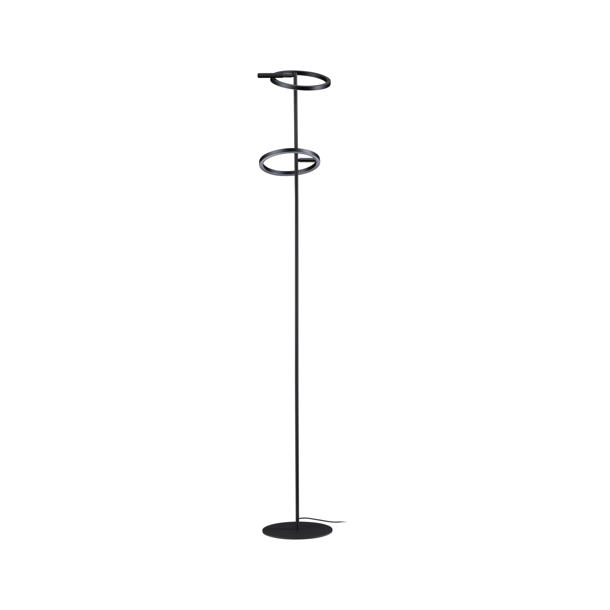 Eine schwarze Stehlampe mit zwei kreisförmigen Leuchten, die auf einem runden Sockel steht. Der Hintergrund ist weiß.