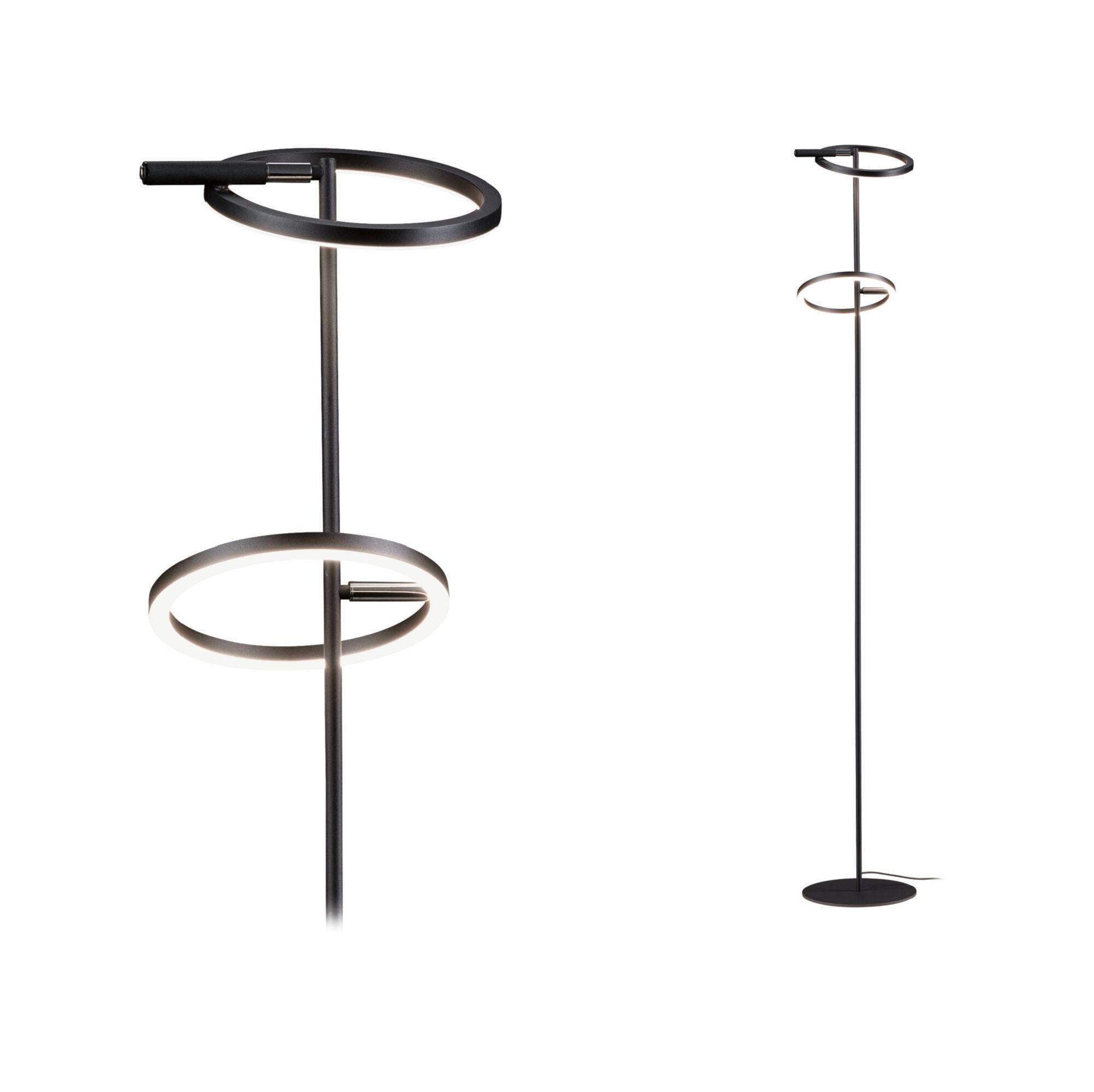 Zwei moderne, schwarze Stehlampen, jede mit einem kreisförmigen Licht. Eine Lampe hat zwei Ringe, die andere einen.