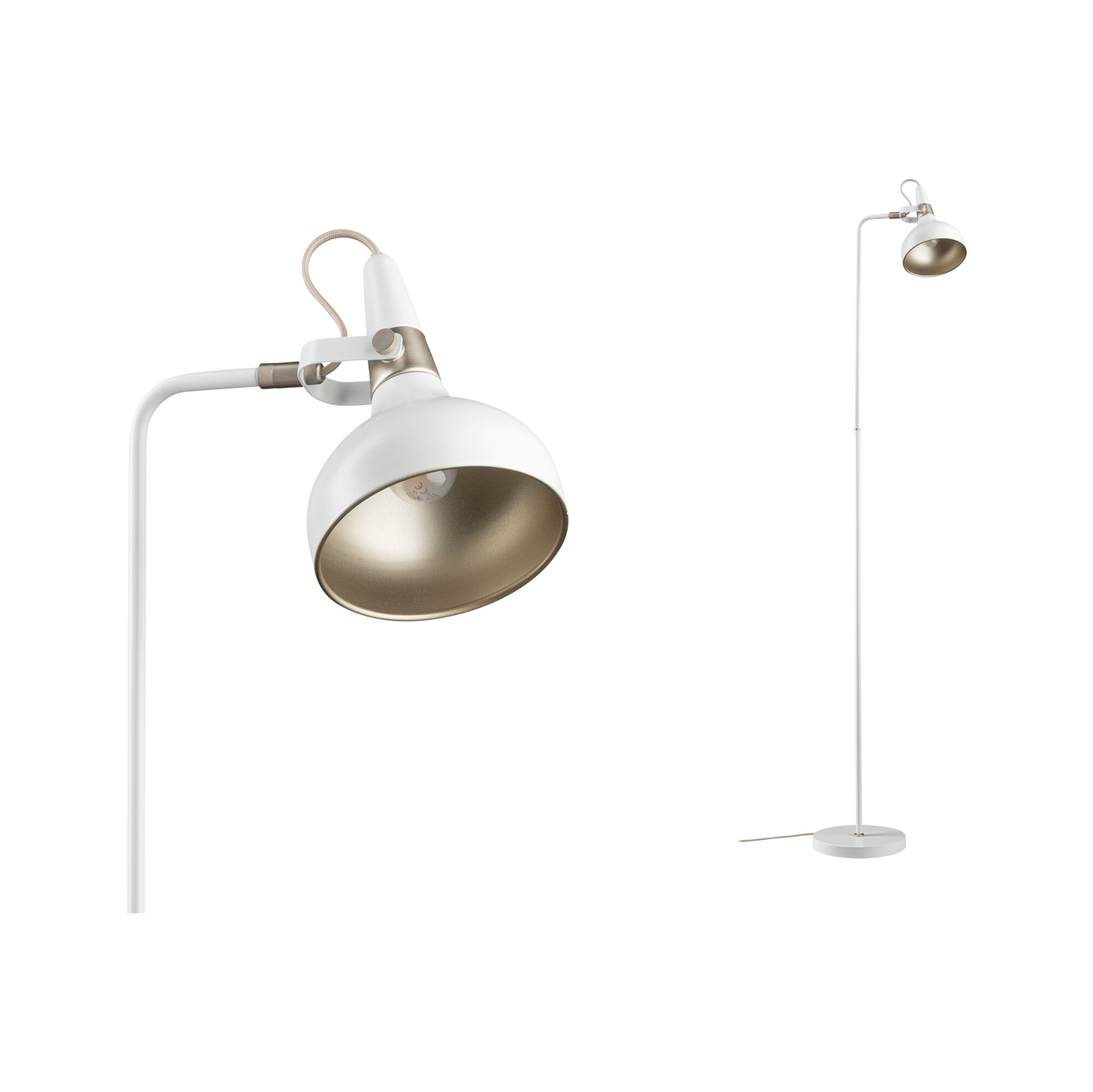 Zwei weiße Lampen mit goldenem Innenraum auf weißem Hintergrund. Eine ist eine Schreibtischlampe, die andere eine Stehlampe.
