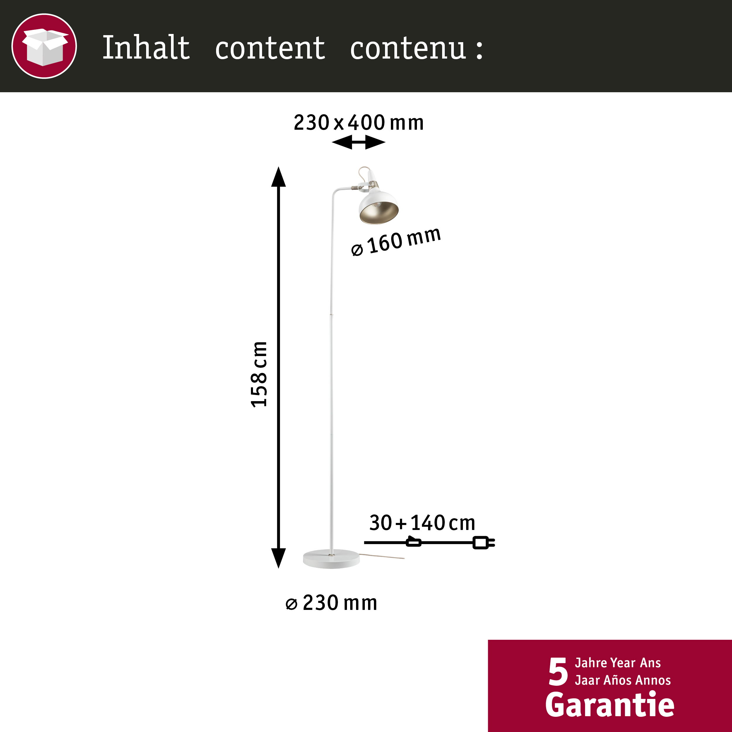 Eine weiße Stehlampe mit rundem Sockel und Lampenkopf, Abmessungen werden angezeigt.