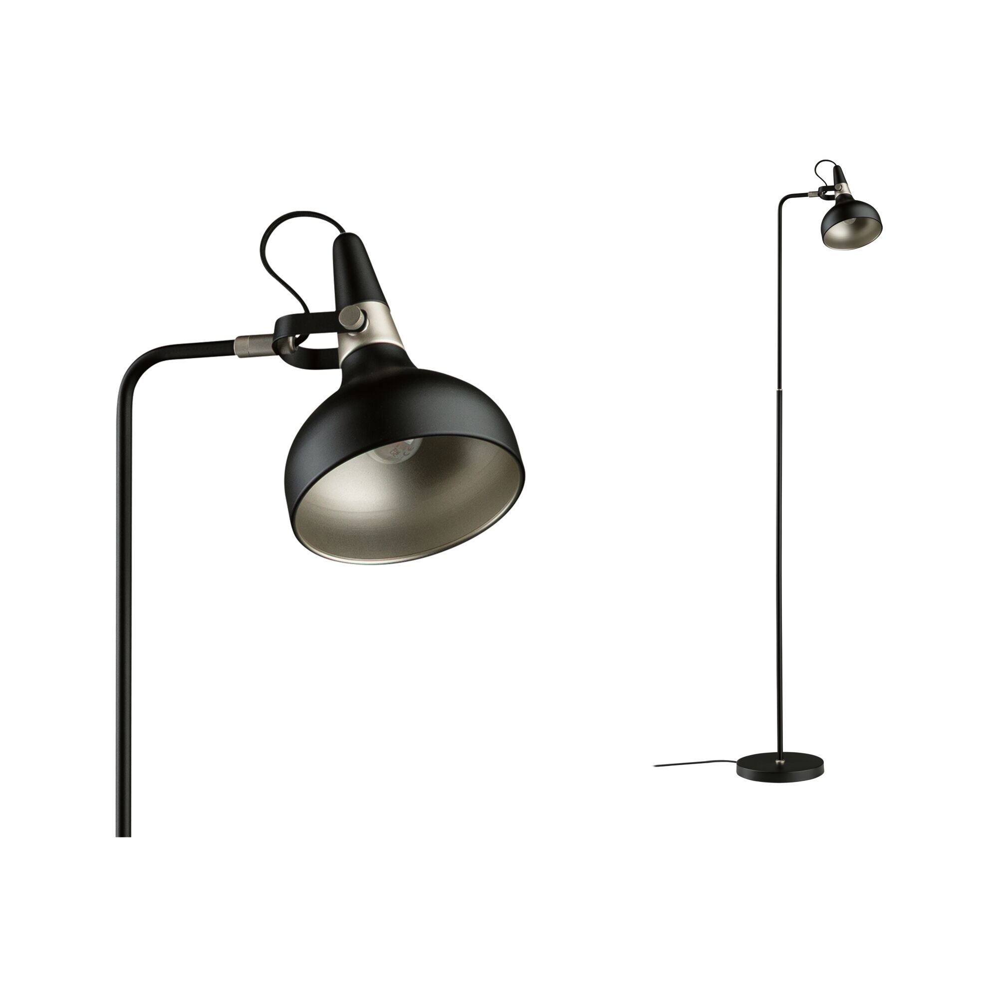 Zwei schwarze Lampen mit silbernen Innenseiten auf weißem Hintergrund. Eine ist eine Stehlampe. Die andere hat einen verstellbaren Kopf.