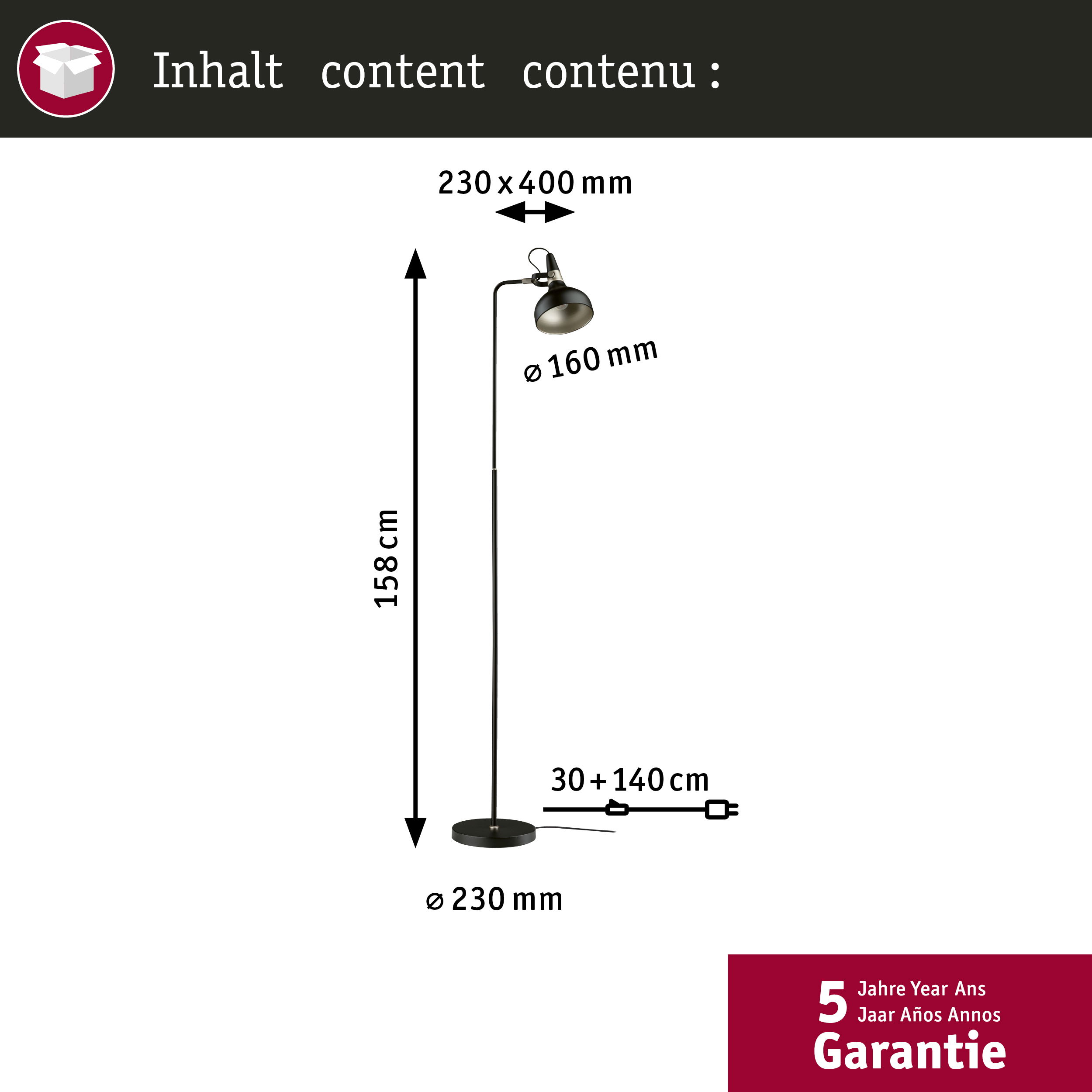 Eine schwarze Stehlampe mit rundem Fuß und verstellbarem Kopf. Abmessungen und Garantieinformationen sind ebenfalls angegeben.