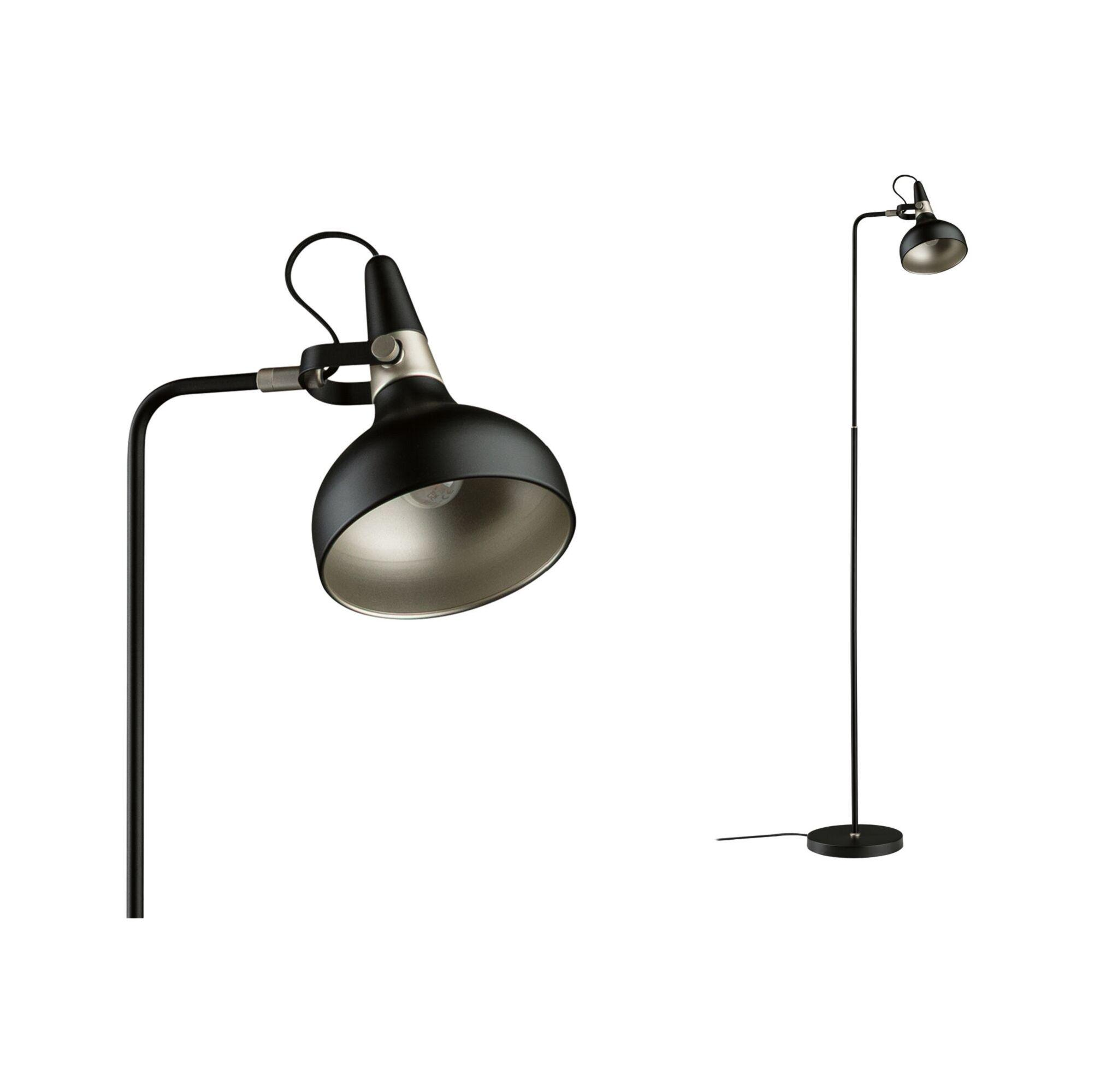 Zwei schwarze Lampen auf weißem Hintergrund. Eine ist eine Schreibtischlampe, die andere eine Stehlampe. Beide haben silberne Innenschirme.