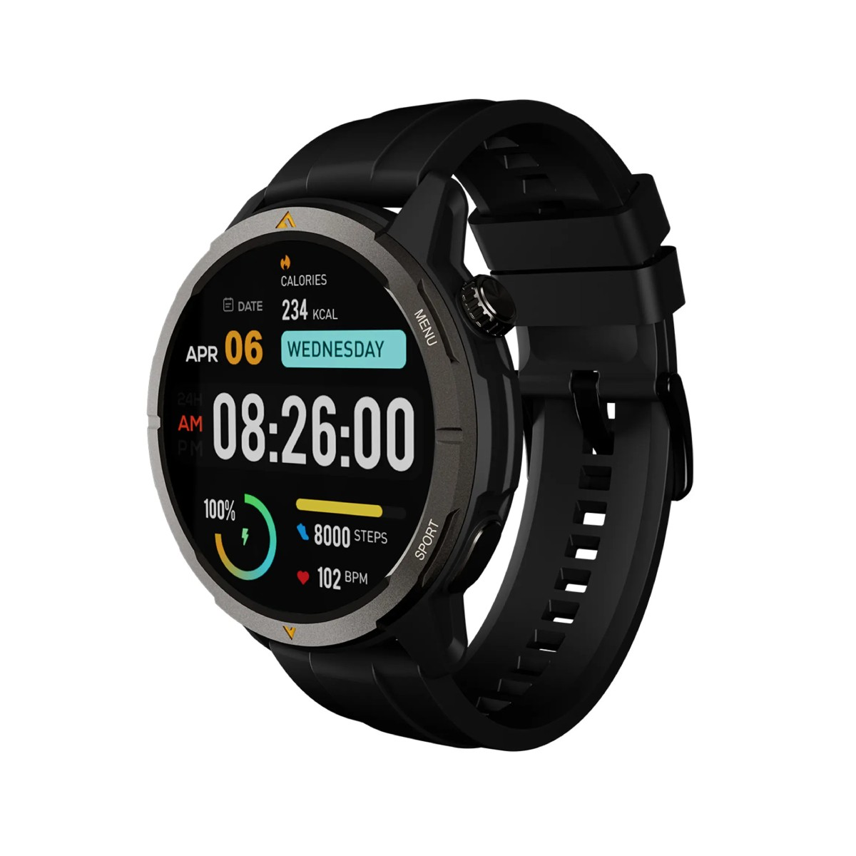 Uno smartwatch nero mostra ora, data, calorie e metriche di salute su sfondo bianco. L'orologio ha un cinturino nero.