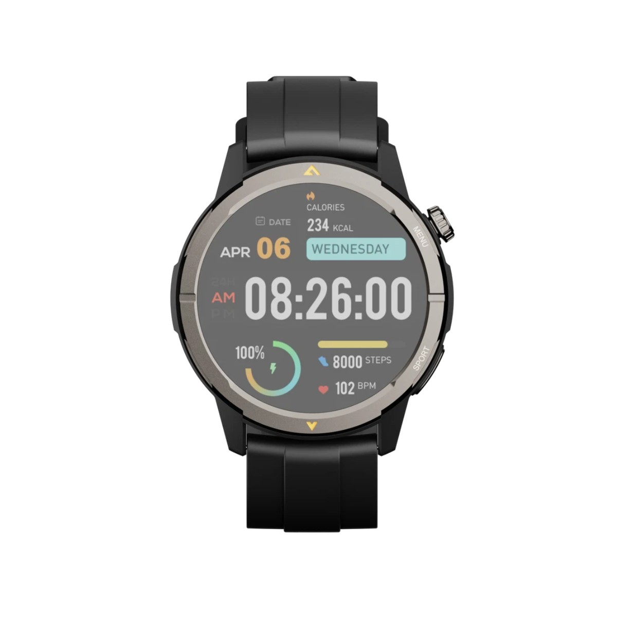 Uno smartwatch nero mostra l'ora: 08:26:00, data: 06 aprile, calorie: 234, passi: 8000 e frequenza cardiaca: 102. Ha un cinturino nero.