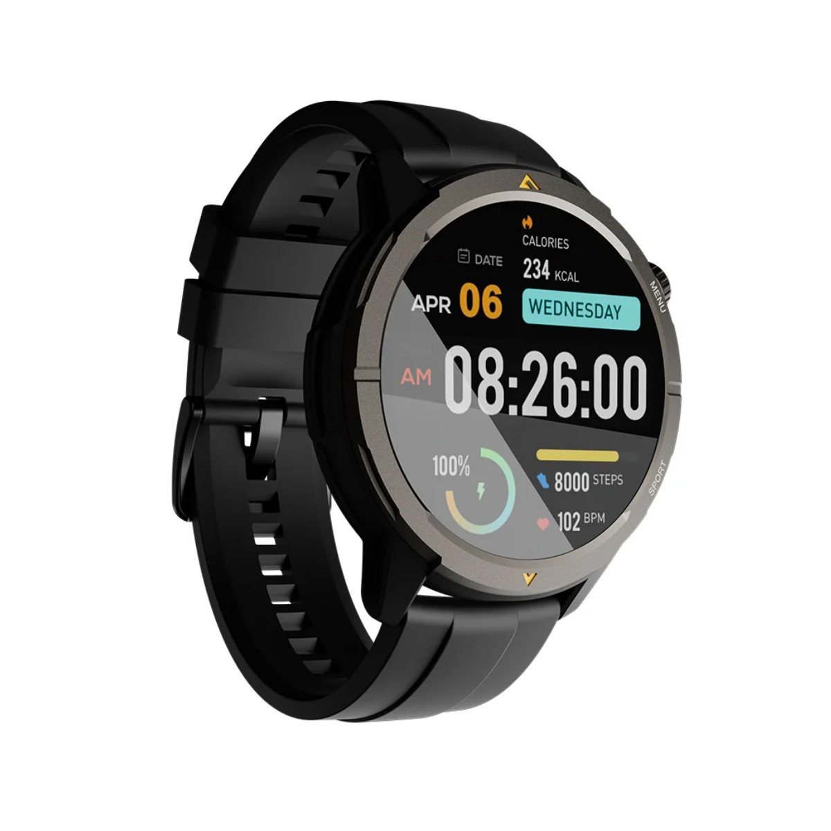 Smartwatch nera che mostra ora, data, calorie, passi e frequenza cardiaca. Ha un cinturino nero e una lunetta metallica, sfondo bianco.
