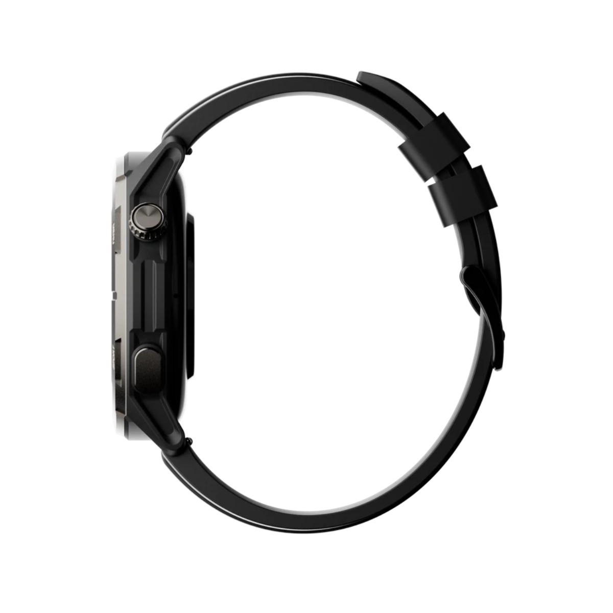 Vista laterale di uno smartwatch nero con cinturino nero. Il quadrante è scuro con dettagli metallici e pulsanti.