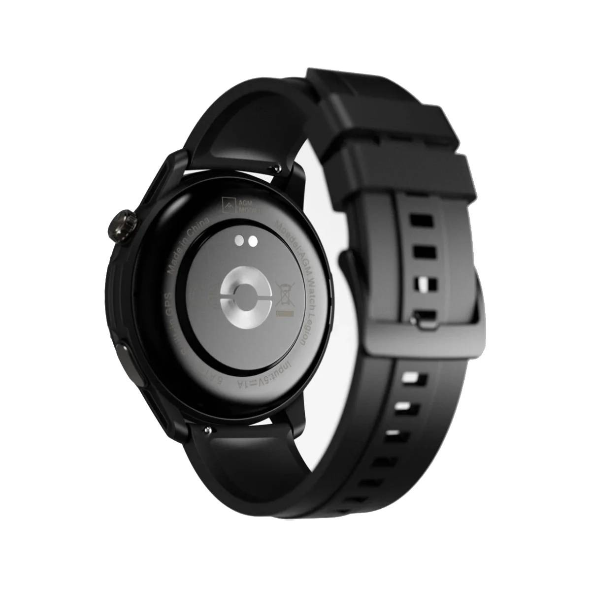 Smartwatch AGM Watch Legion nero. Parte posteriore visibile, con cinturino attaccato. GPS, Made in China e specifiche di ingresso.