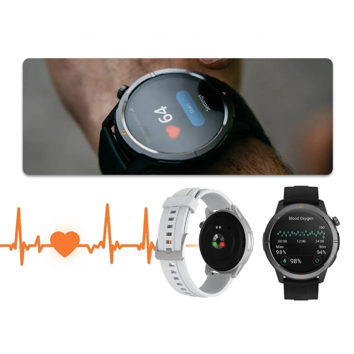 L'immagine mostra smartwatch con letture e una linea della frequenza cardiaca. Un orologio mostra una frequenza cardiaca di 64. Un altro mostra l'ossigeno nel sangue.