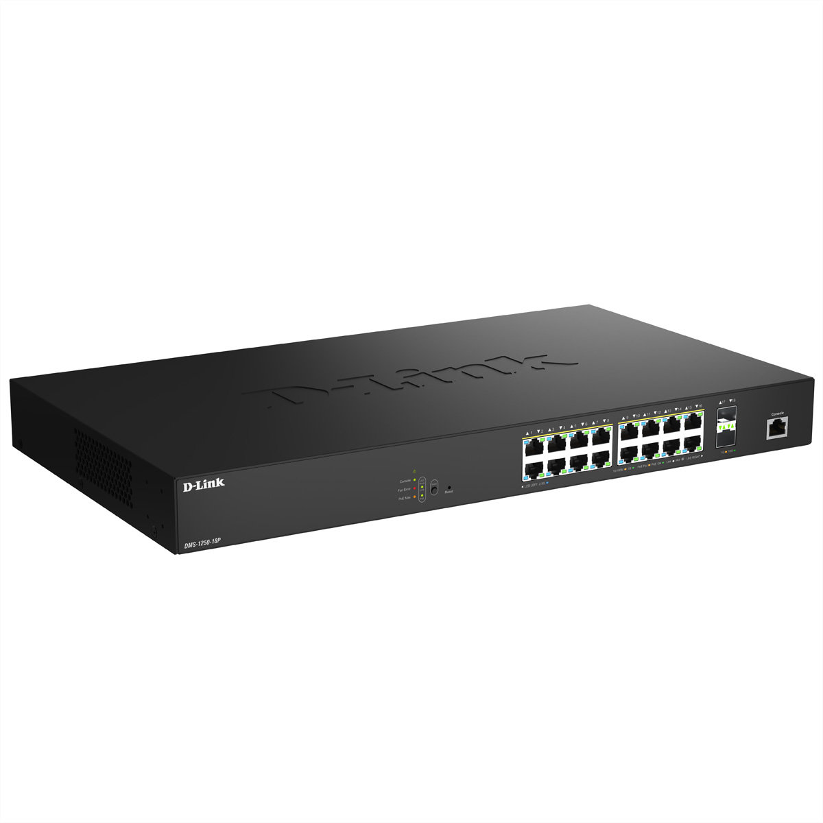 Uno switch di rete D-Link nero. Ha più porte e spie. Il logo D-Link è visibile in alto e a sinistra.