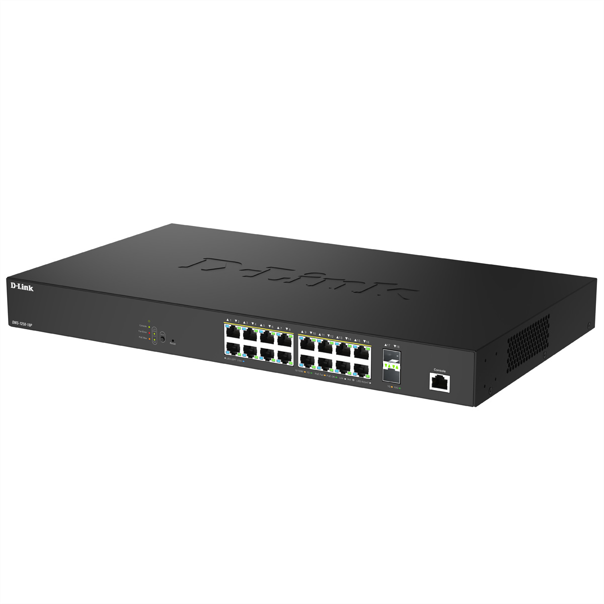 Switch di rete D-Link nero. Presenta porte, indicatori LED e il logo D-Link. Il dispositivo è su sfondo bianco.