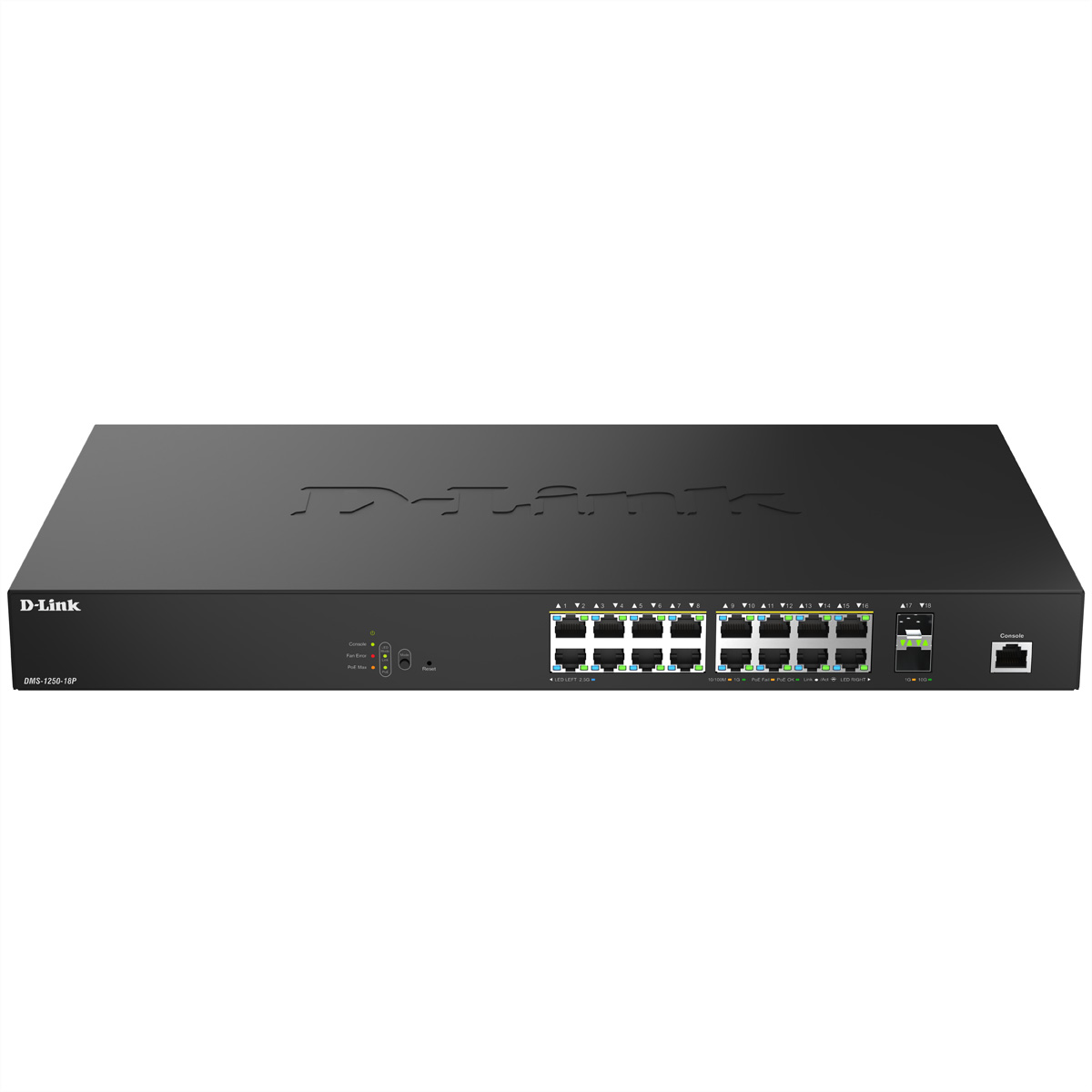 Uno switch D-Link nero, modello DMS-1250-18P, con più porte, spie luminose e il logo D-Link sulla parte superiore.