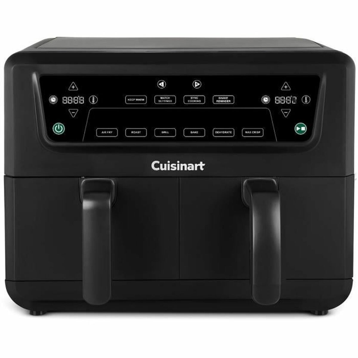 Schwarze Cuisinart-Heißluftfritteuse mit Digitalanzeige, Knöpfen für verschiedene Kochmodi und zwei Griffen.