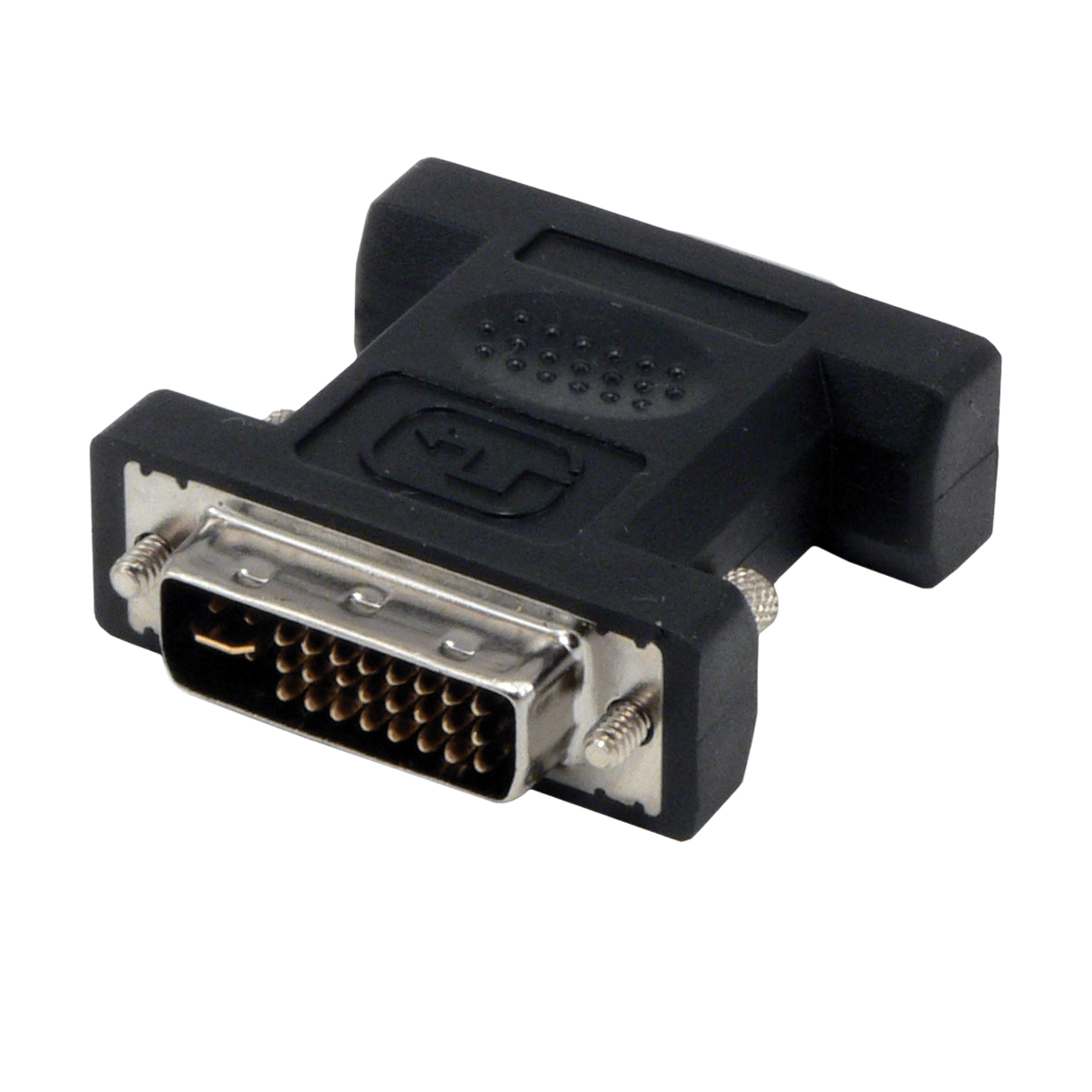 Czarny adapter DVI ze srebrnymi złączami i blokadami śrubowymi. Adapter znajduje się na białym tle.