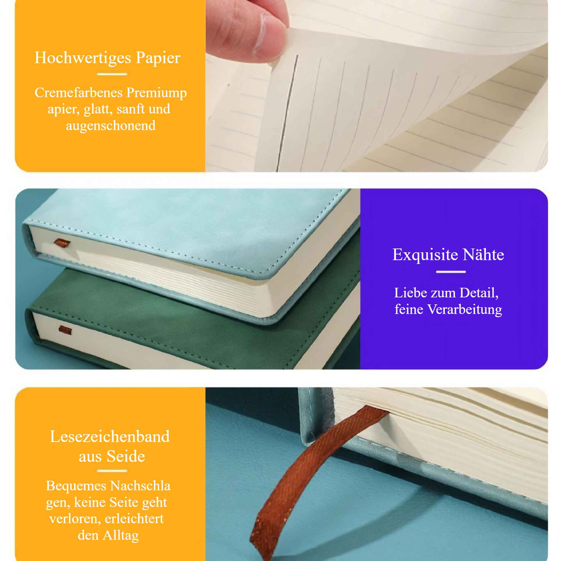 Bild zeigt ein Notizbuch mit Lesezeichenband. Es hebt Papierqualität, exquisite Nähte und ein Seidenlesezeichen hervor.