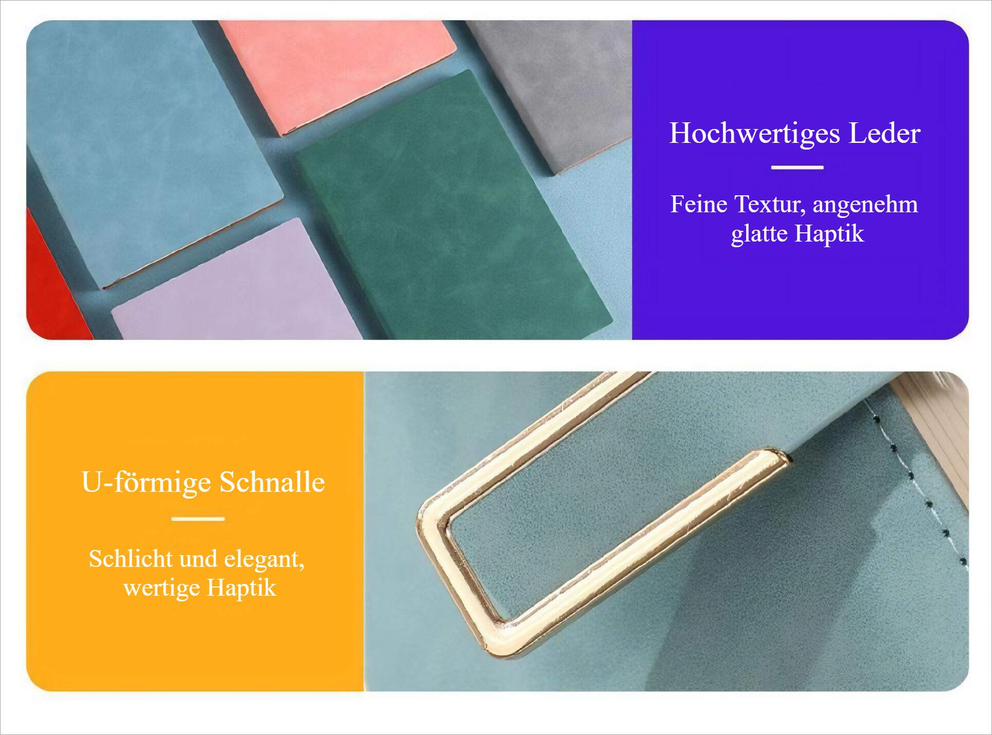 Das Bild zeigt Notizbücher in verschiedenen Farben. Der Text beschreibt die Lederqualität und eine U-förmige Schnalle.