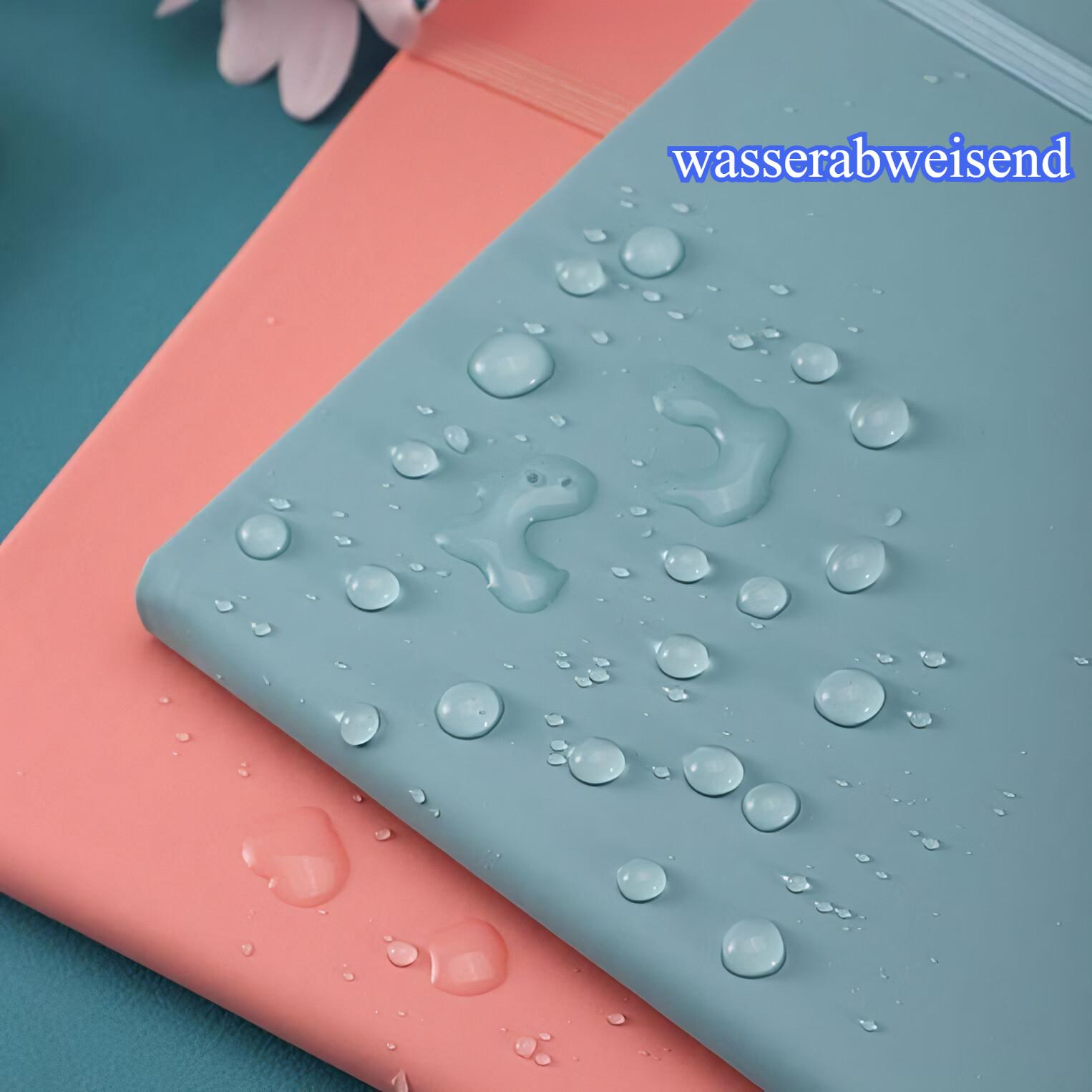 Wassertropfen auf einer blau-rosa Oberfläche. Auf der blauen Oberfläche steht das Wort 'wasserabweisend'. Darunter die rosa Oberfläche.
