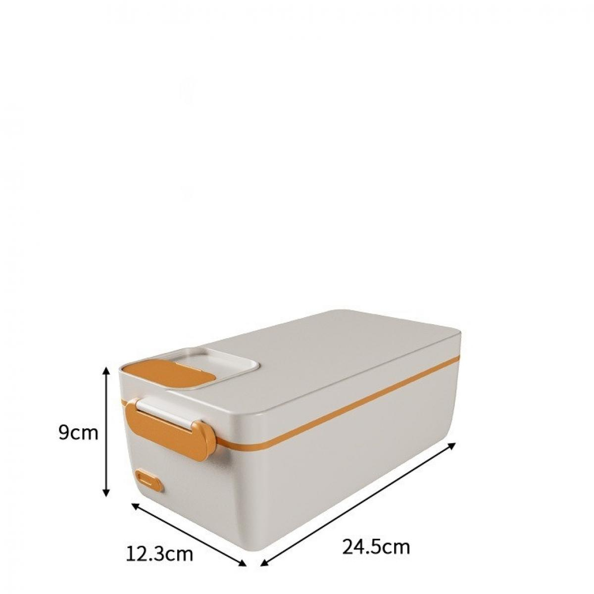 Eine rechteckige Brotdose mit den angegebenen Abmessungen: 24,5 cm, 12,3 cm und 9 cm. Sie ist cremefarben mit orangefarbenen Akzenten.