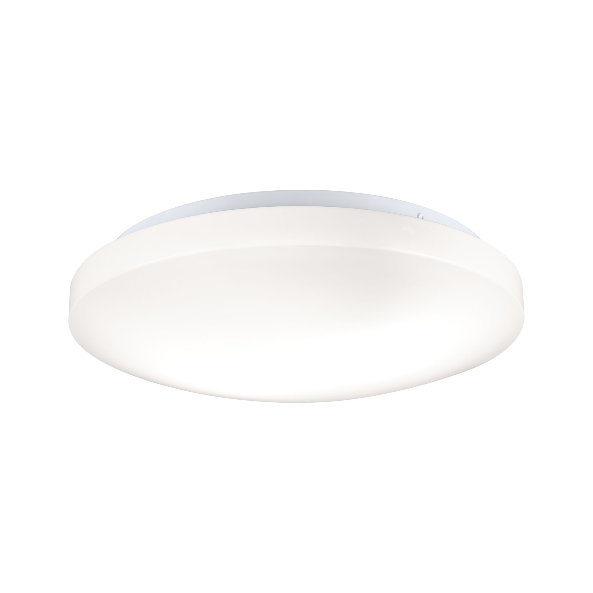 Un plafonnier rond blanc avec un abat-jour en verre dépoli légèrement incurvé, sur fond blanc.