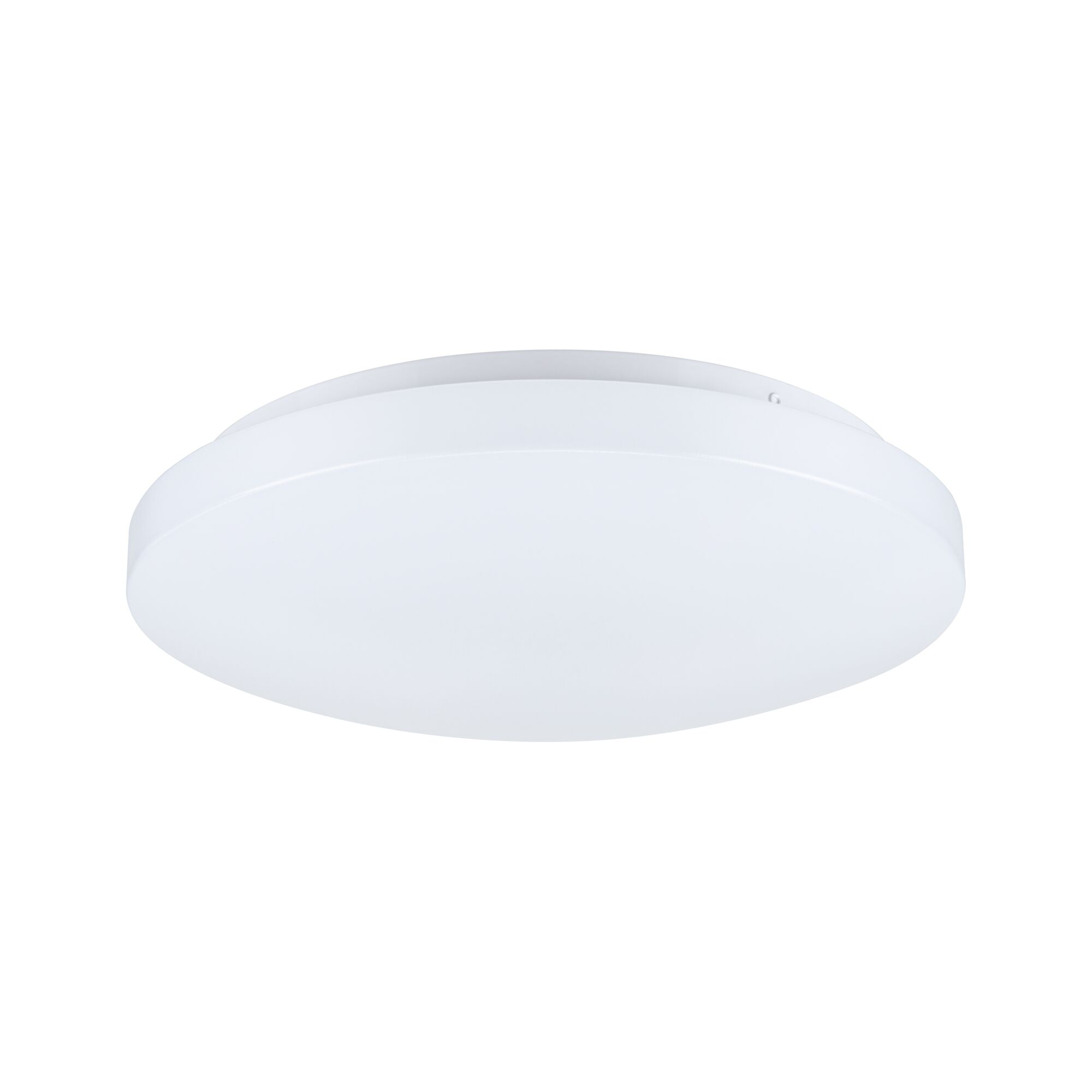 Un plafonnier rond et blanc sur fond blanc. Il a un design plat et circulaire.