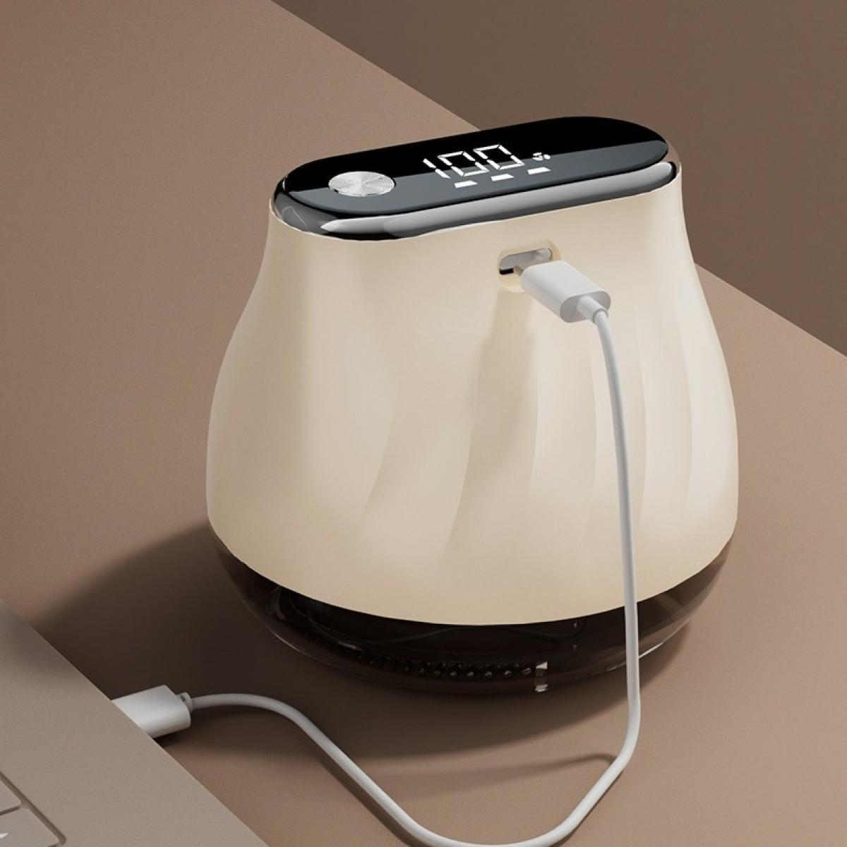 Ein beiges und schwarzes Gerät mit digitaler Anzeige von 100 % ist über ein weißes USB-Kabel mit einem Laptop verbunden.