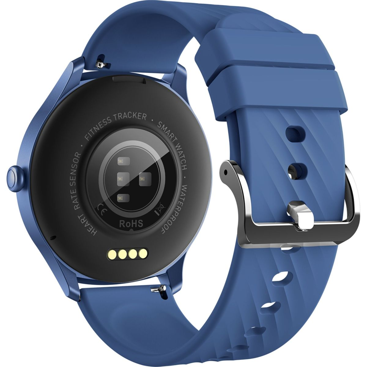 Smartwatch blu con retro nero, sensore di frequenza cardiaca e fitness tracker. Il cinturino è blu con fibbia argentata.