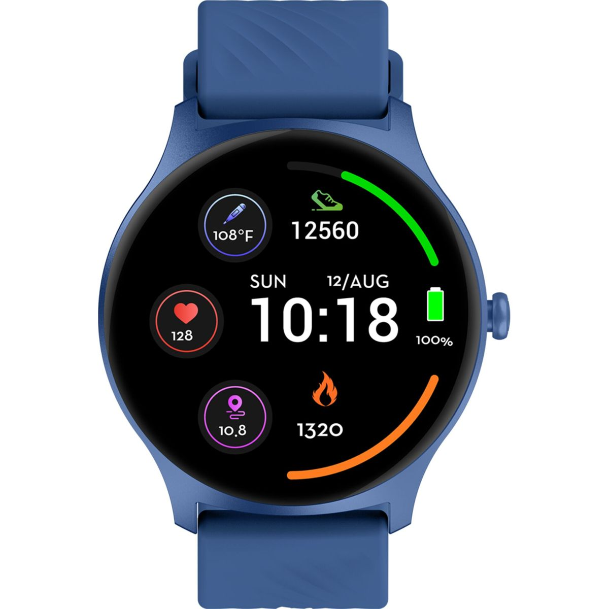 Uno smartwatch blu mostra metriche di salute: temperatura, passi, frequenza cardiaca e attività. L'ora è 10:18, la data 12/AGO, e la batteria al 100%.