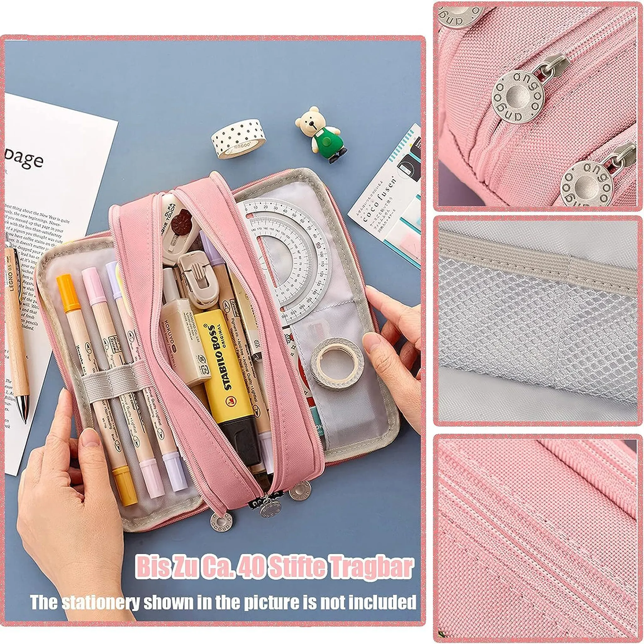 Ein offenes, rosa Federmäppchen mit Stiften, Markern und einem Winkelmesser. Ein kleiner Bär und Klebeband liegen daneben.