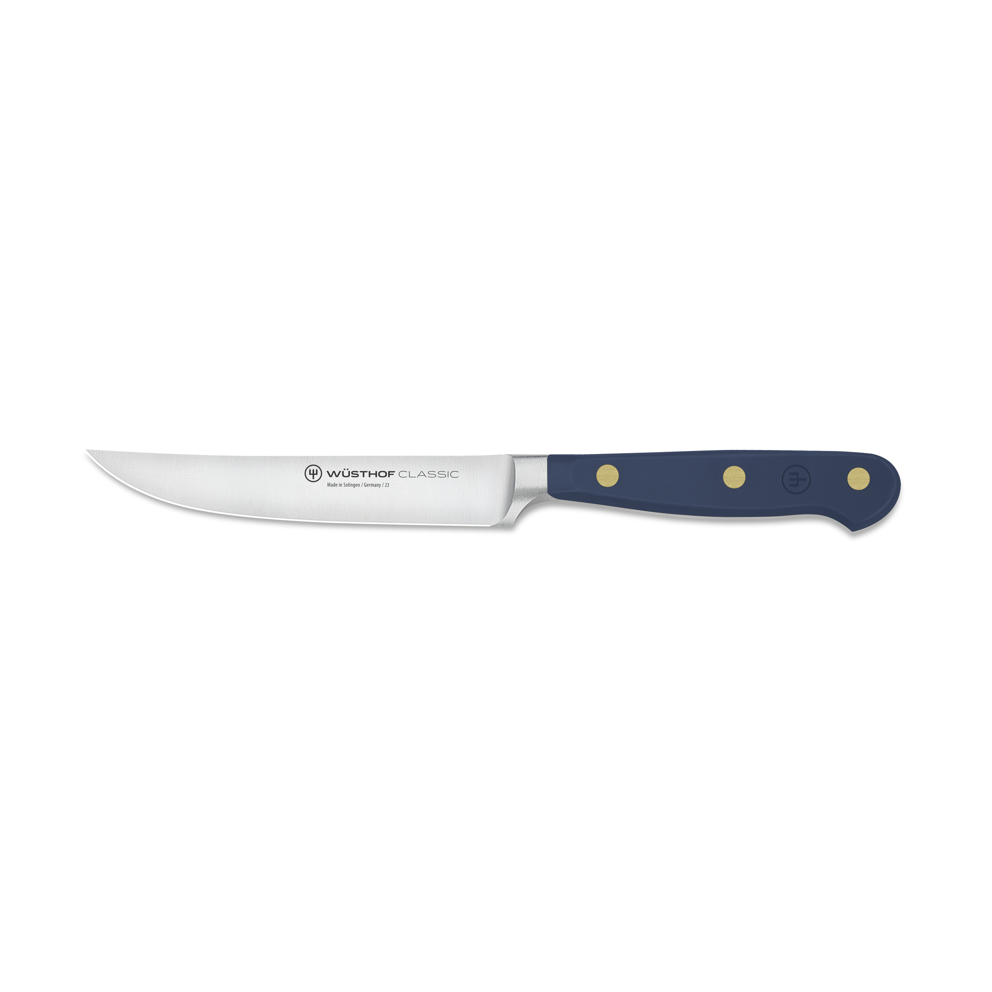 Ein Wüsthof Classic Steakmesser. Es hat eine silberne Klinge und einen blauen Griff mit drei Nieten.