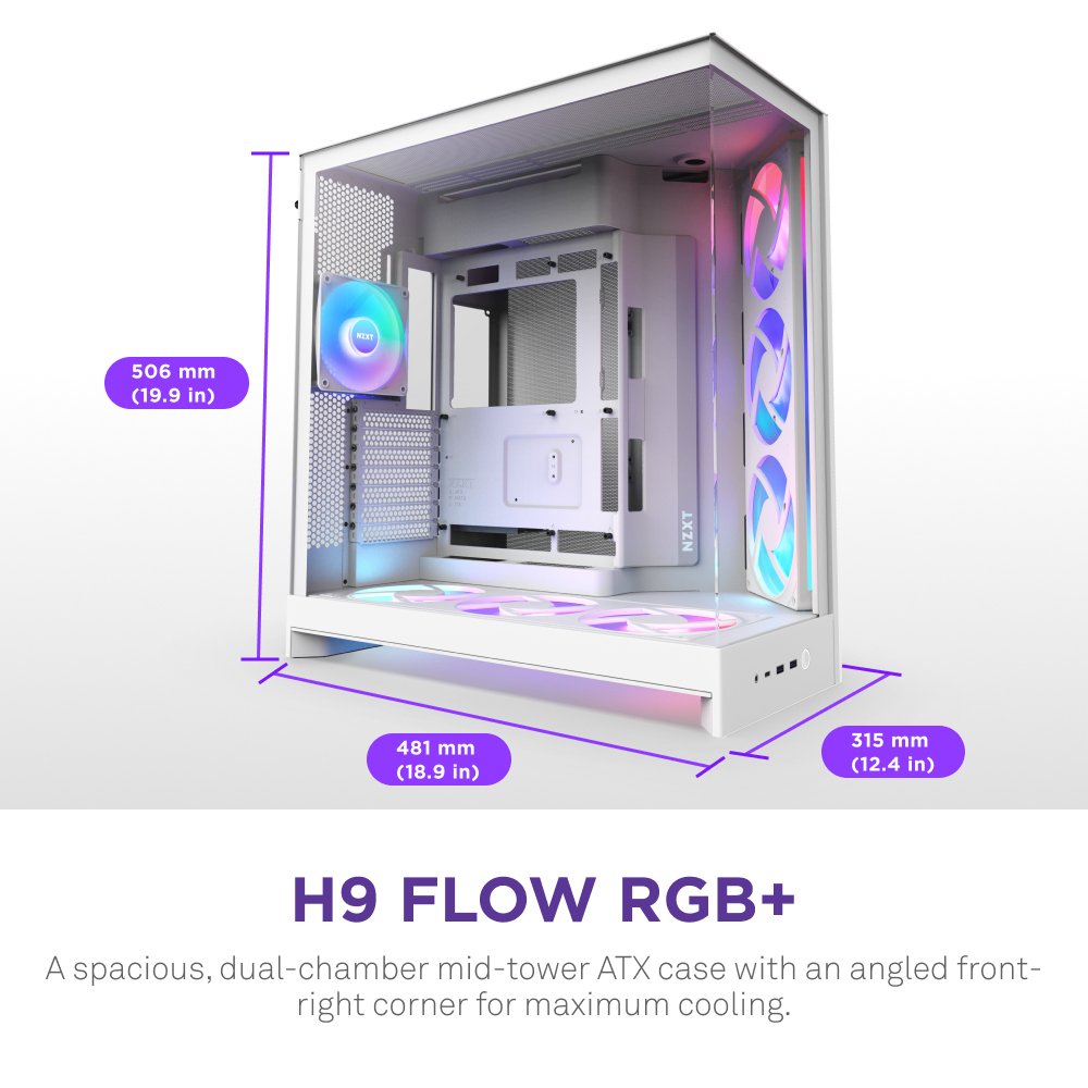 Biała obudowa komputera z wymiarami. Ma skośny przód i wentylatory RGB. Poniżej znajduje się tekst "H9 FLOW RGB+".